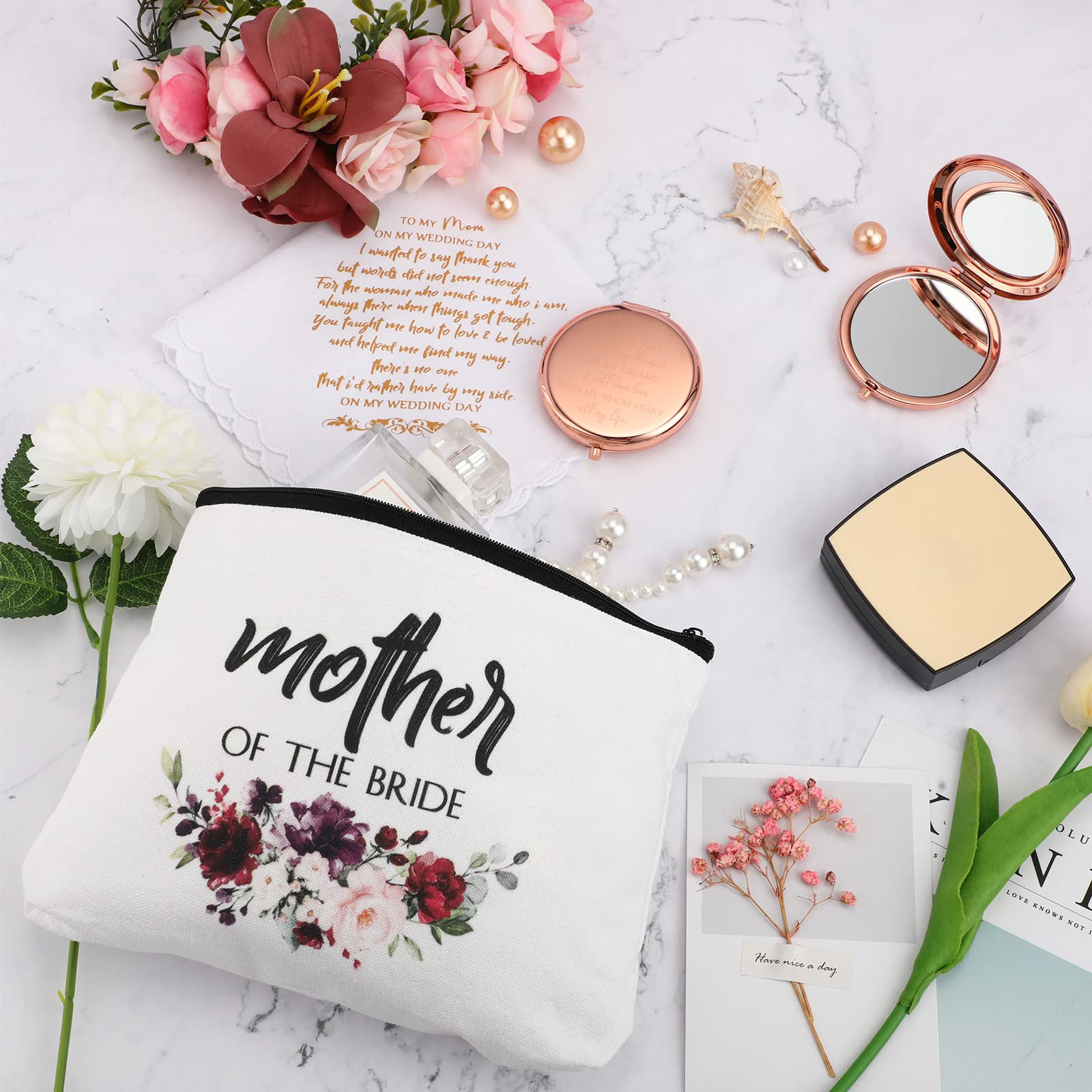 6 Pack Mother of the Bride & Groom Cosmetic Flowers Bag - Elegant Wedding Gift Set with Makeup Mirror & Handkerchief for Mother in Law - Perfect for Engagement, Bridal Shower & Wedding Day Essentials