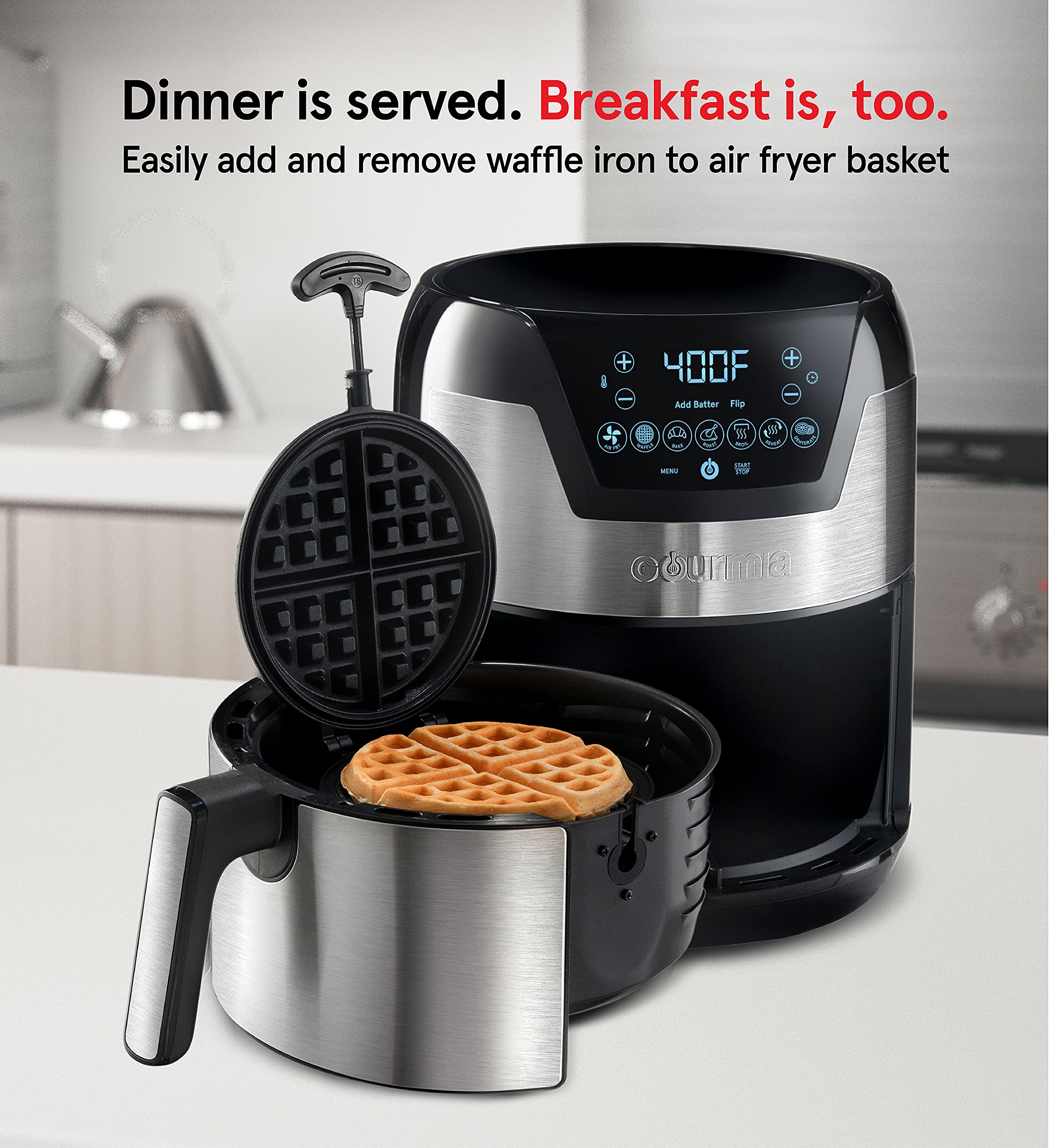 Gourmia GAFW598 2-in-1 Digital Air Fryer and Waffle Maker - 5 Quart Capacity for Healthy Cooking | Perfect for Family Meals, Quick Snacks & Breakfast Waffles