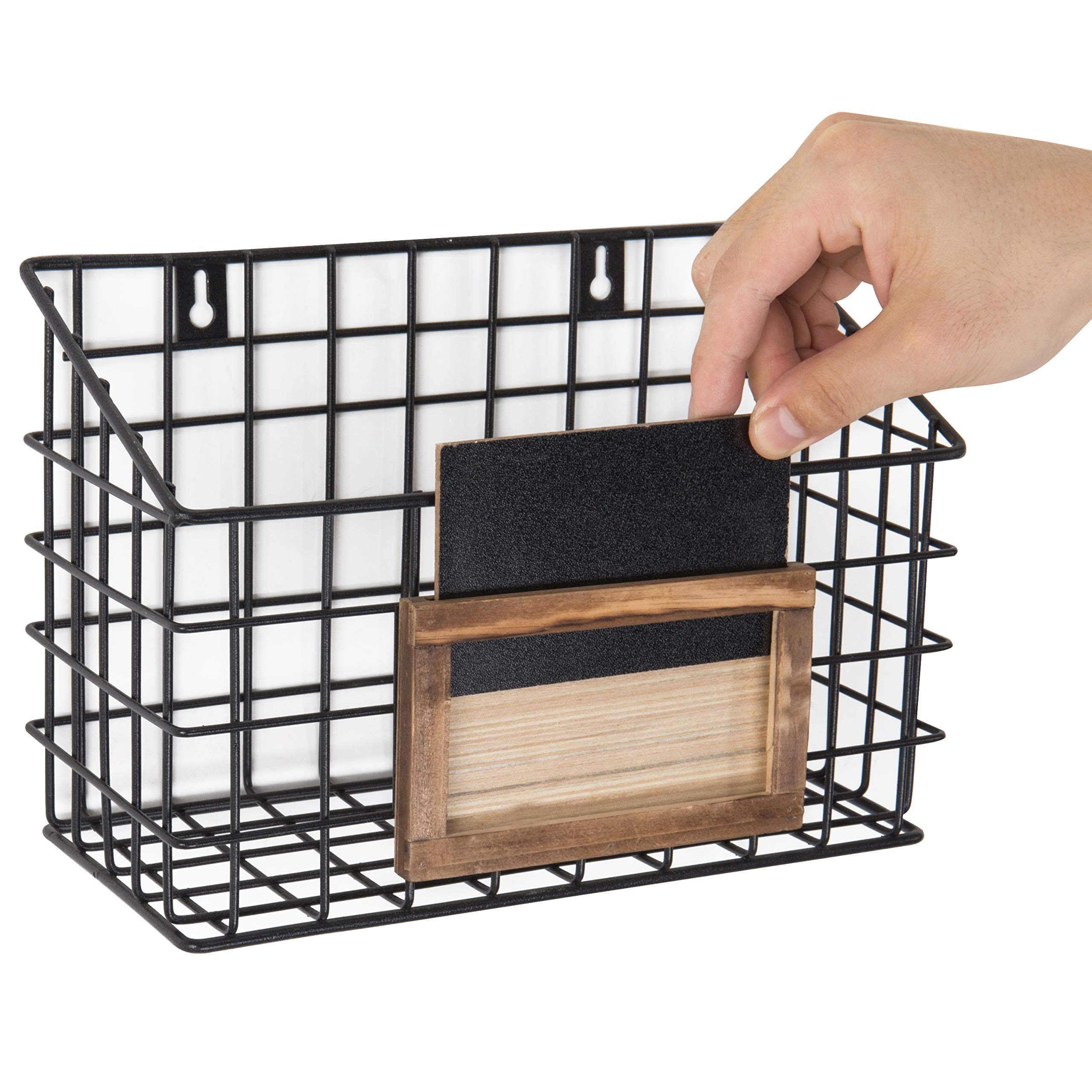 MyGift 10 Inch Wall Mounted Matte Black Metal Wire Storage Baskets with Chalkboard Labels - Set of 3 Small Hanging Organizer Bins for Home, Entryway, Kitchen Pantry & Closet Organization - Perfect for Storing Spices, Keys, Mail & Small Essentials