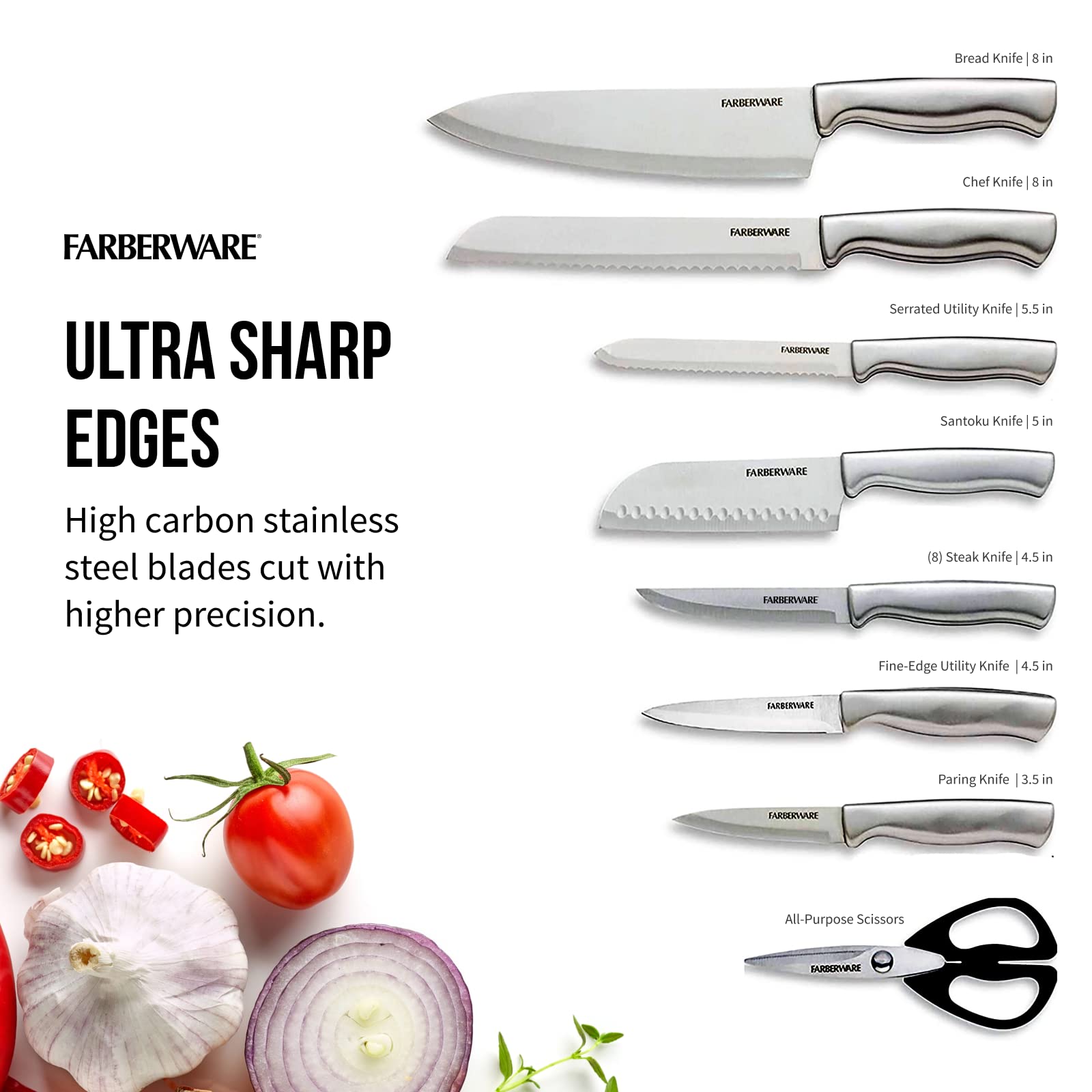 Farberware Edgekeeper 16-Piece Stainless Steel Knife Block Set with Built-in Sharpener - High Carbon Kitchen Knives for Professional Chefs & Home Cooking - Perfect for Slicing, Dicing & Food Prep
