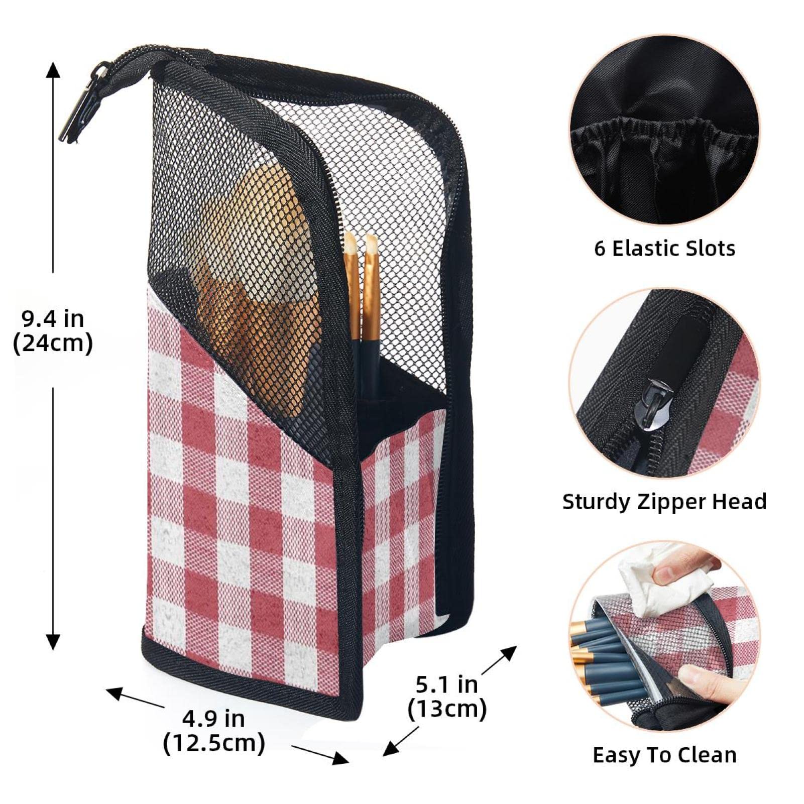 12-Piece Makeup Brush Organizer Bag Set - Classic White & Red Plaid Design, Portable Cosmetic Brush Holder Case for Travel & Home Storage - Perfect for Makeup Artists & Beauty Enthusiasts