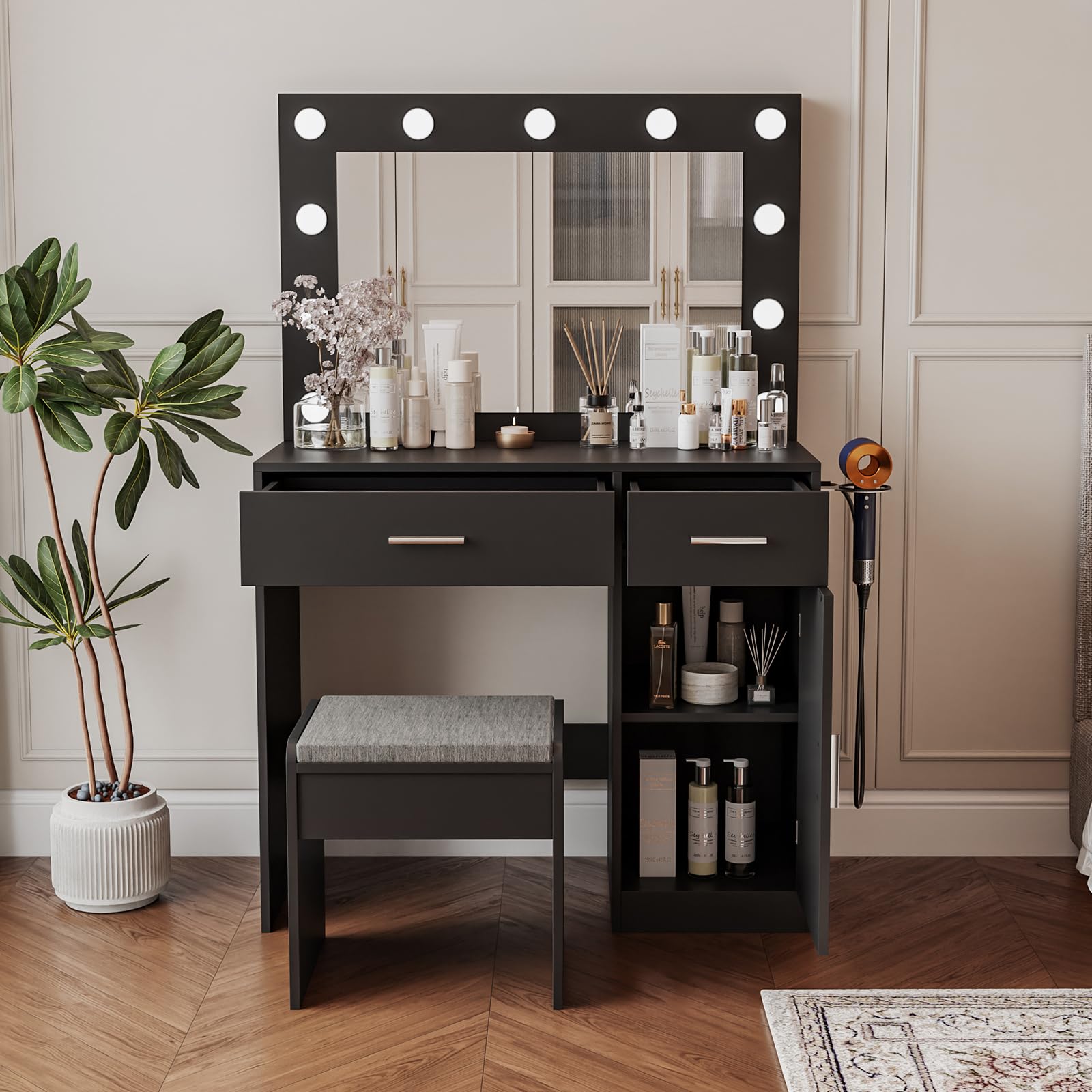 Elegant Vanity Desk with Mirror, Large Storage Drawer & Built-in Power Outlet - 11 LED Bulbs & 3 Adjustable Lighting Modes, Perfect Makeup Dressing Table for Bedroom, Home Decor (Black) | Ideal for Makeup Application, Skincare Routine & Home Styling