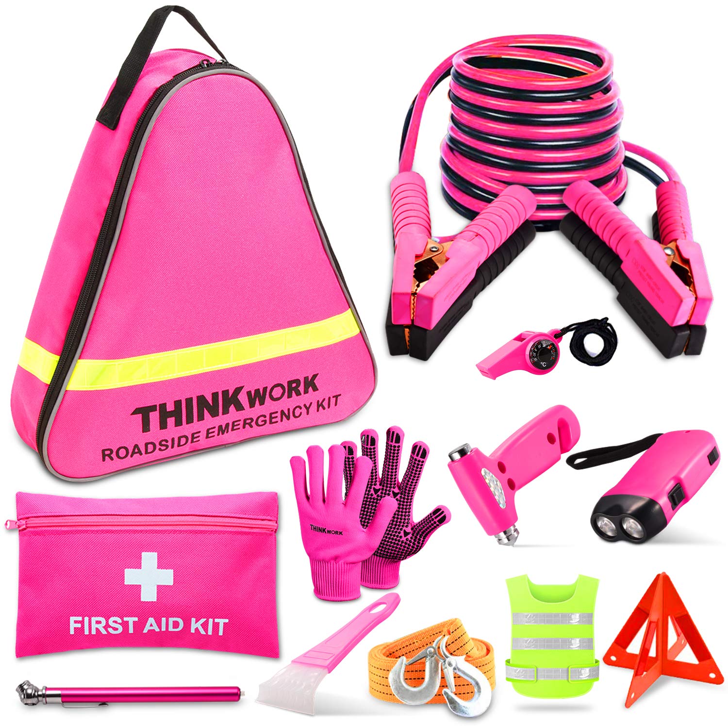 THINKWORK Pink Car Emergency Kit for Women - 10FT Jumper Cables, First Aid Kit, Safety Hammer & Tow Rope | Perfect Roadside Assistance Gift for Teen Girls & Ladies | Essential Vehicle Safety Accessories for Travel & Commuting