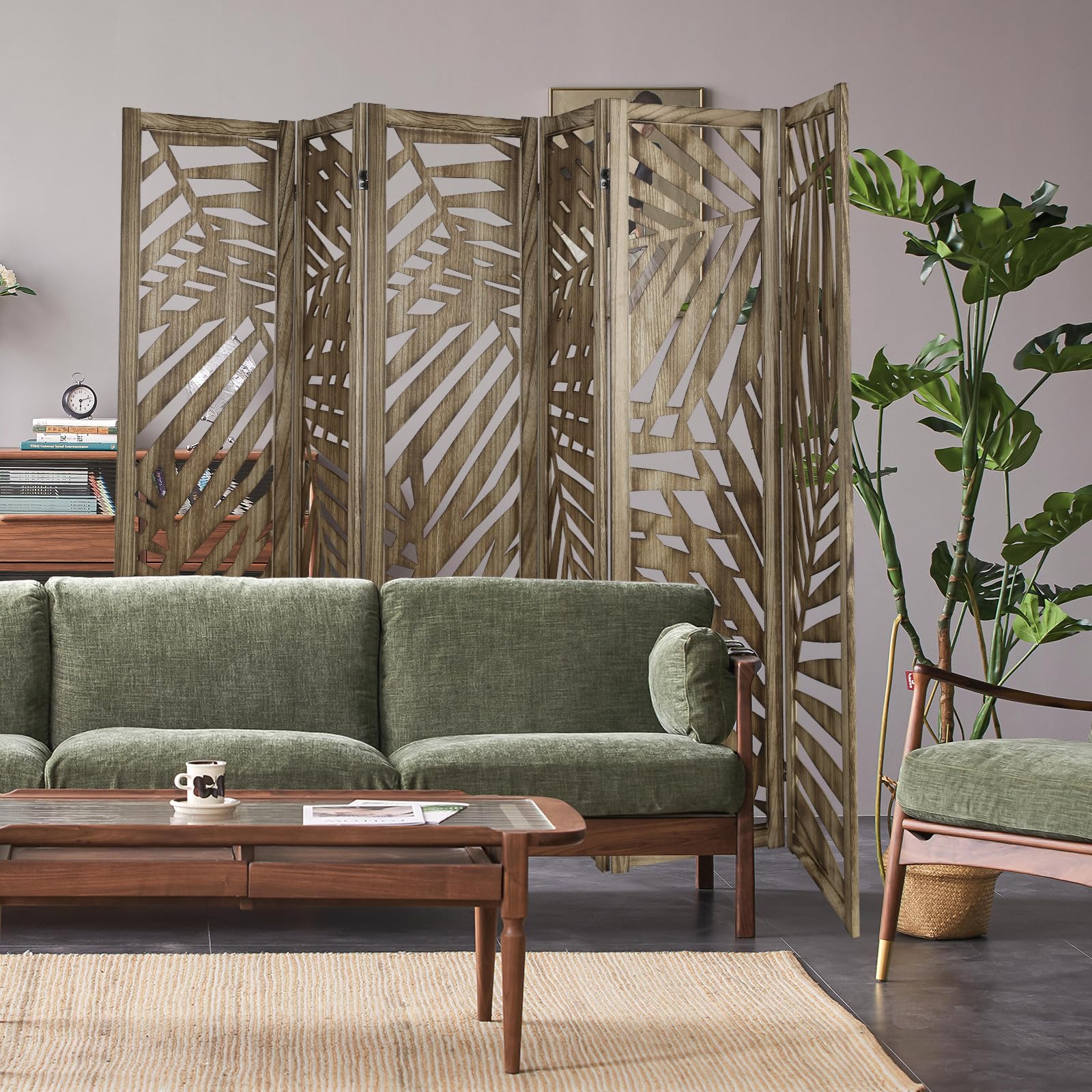 ECOMEX 6-Panel Palm Leaf Room Divider Screen - Freestanding Partition with Retro Leaf Cutout Design in Brown | Perfect for Living Room, Bedroom & Office Privacy