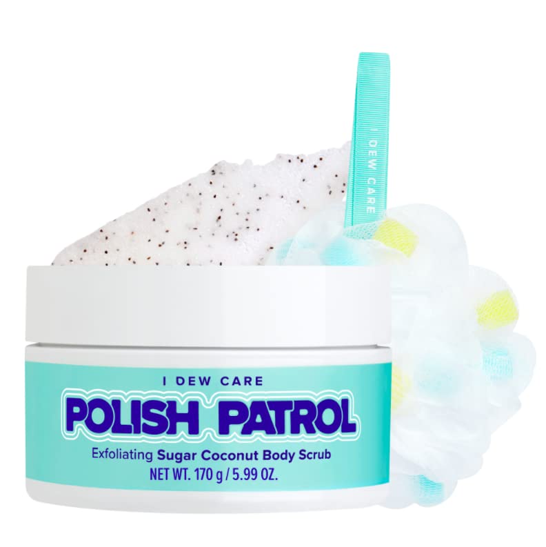 I DEW CARE Polish Patrol Coconut Shell Powder Body Scrub - Gentle Exfoliating Scrub with Foam Poms & Shower Loofah Bundle for Smooth Skin | Spa & Shower Essential