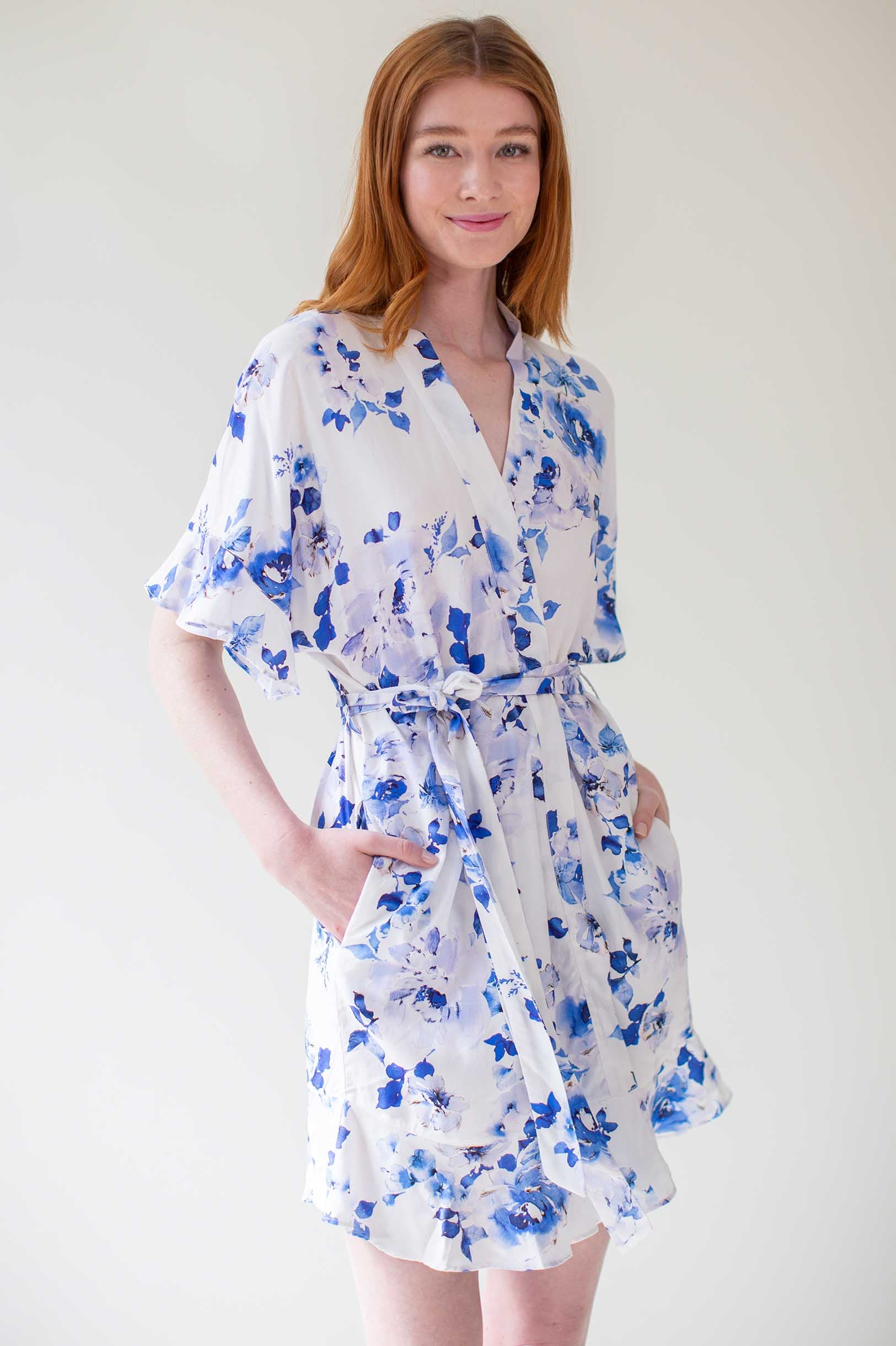 Blue Floral Flounce Robe for Women - Elegant Botanical Print Kimono Style Bathrobe - Perfect for Spa, Beach Cover-Up, and Loungewear