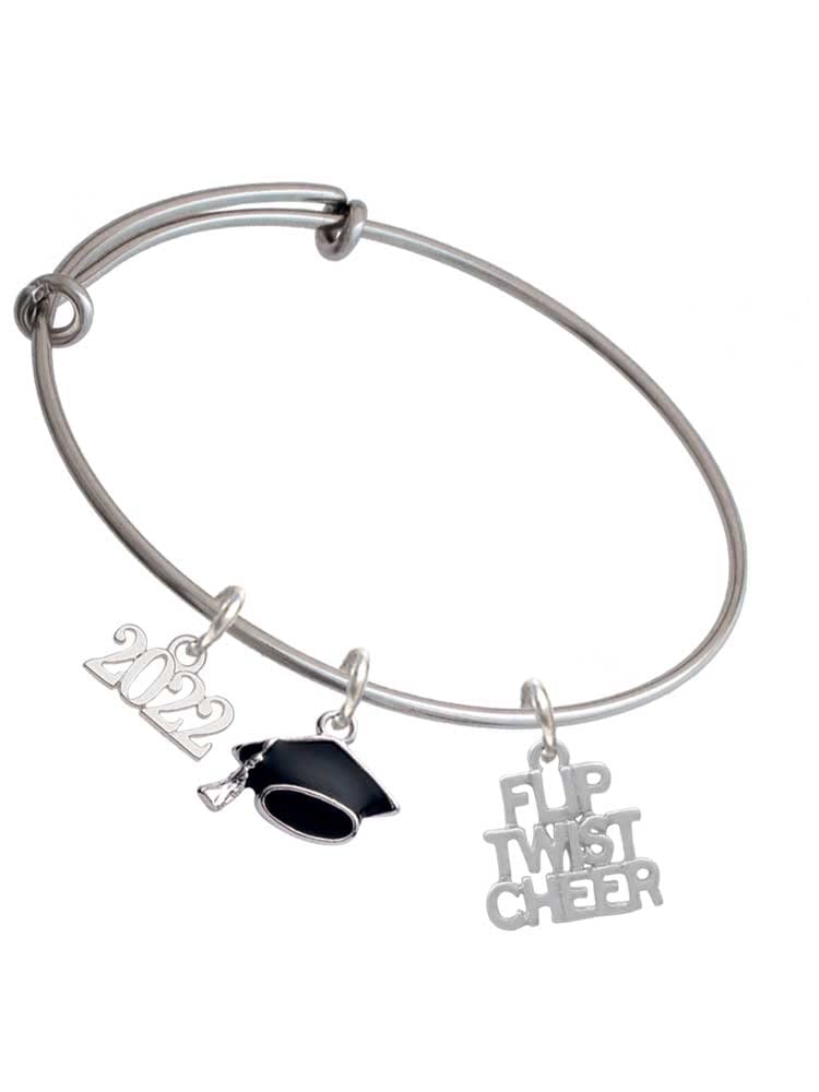 Delight Jewelry Silver Tone Flip Twist Cheer Graduation Hat Charm Bangle Bracelet - Perfect for Graduation Gifts, Prom Accessories & Everyday Wear