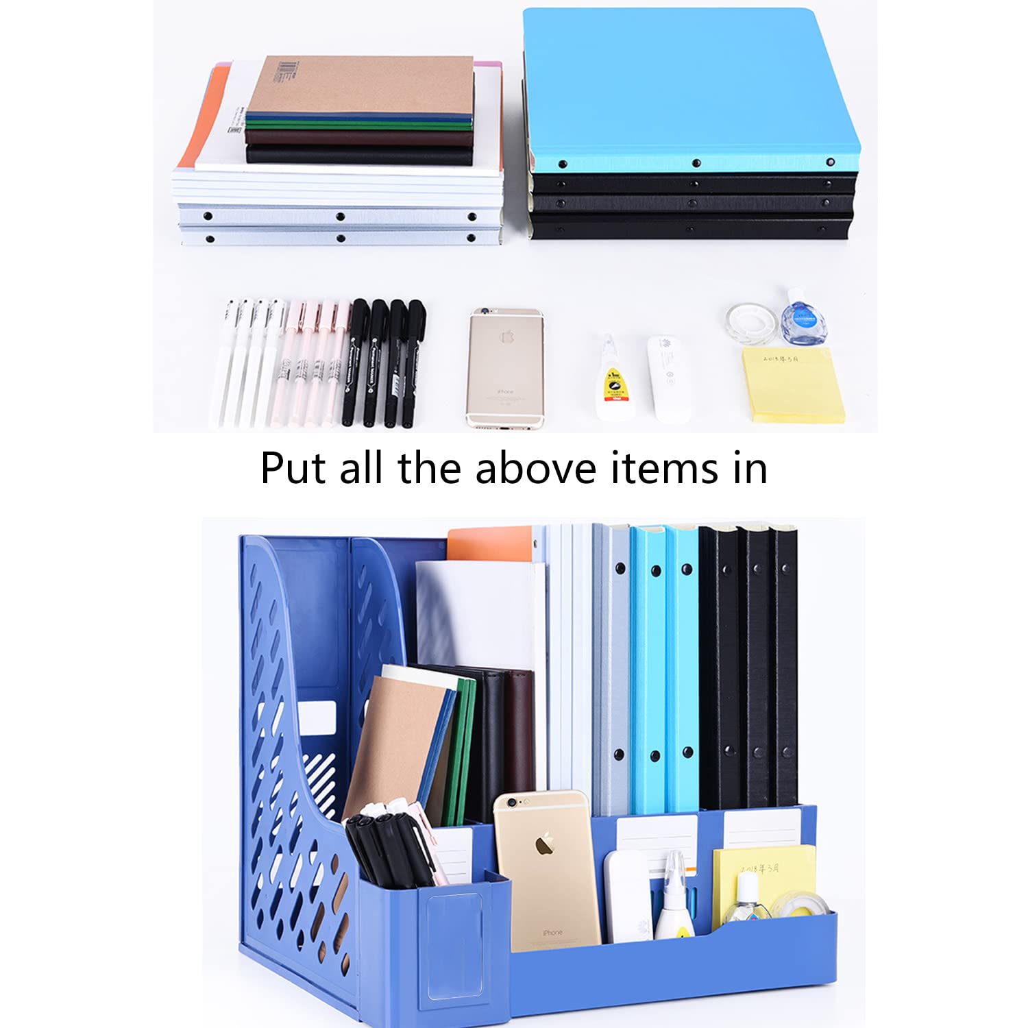 4 Compartment Plastic Storage Organizer Box - Magazine File Holder & Desk Organizer for Office, Home, School - Sturdy Binder Organizer with File Folders for Documents, Books, Stationery