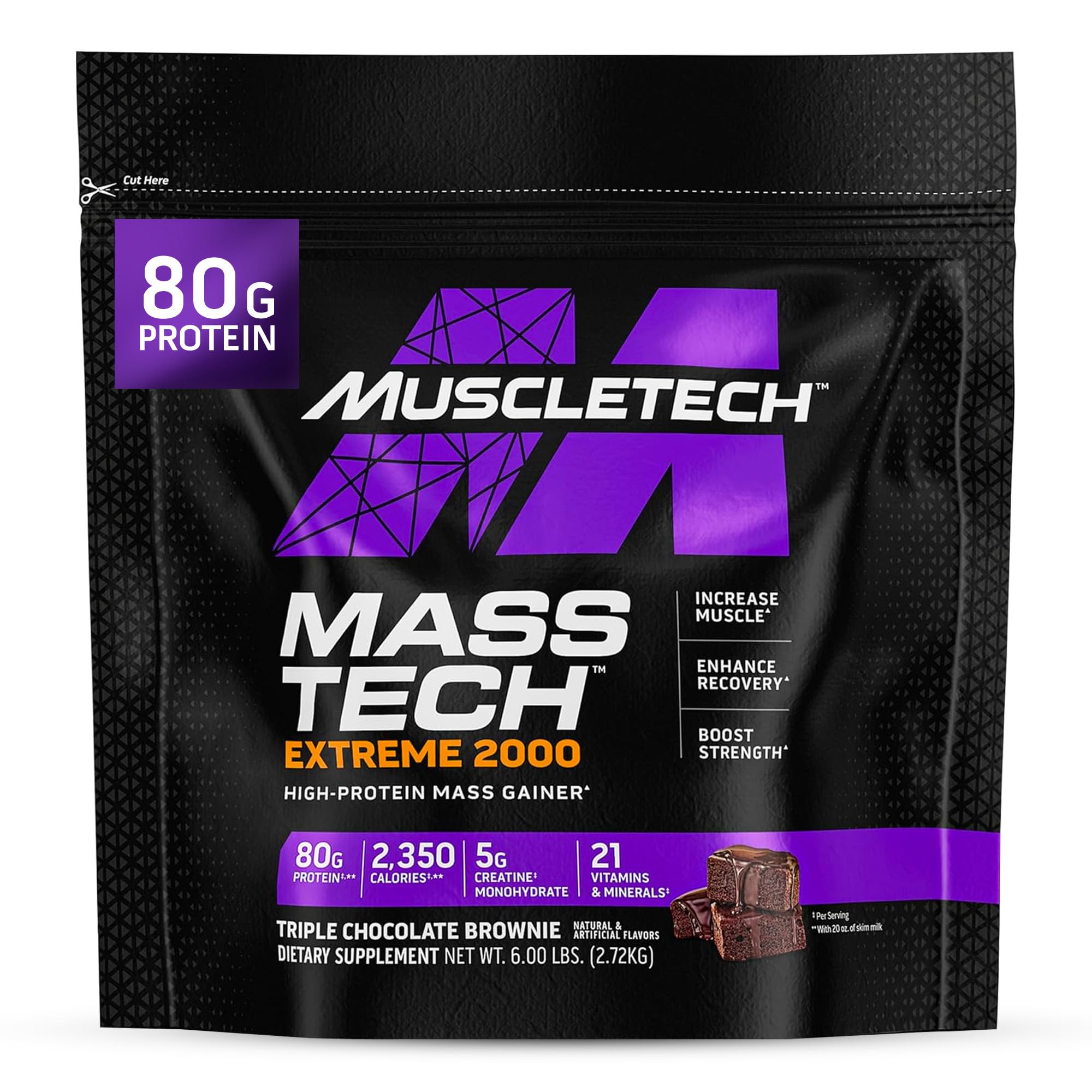 MuscleTech Mass Tech Extreme 2000 High-Protein Weight Gainer Powder (Triple Chocolate Brownie, 6LB) - Muscle Building Supplement for Strength & Recovery - Perfect for Post-Workout Shakes & Bulking Season