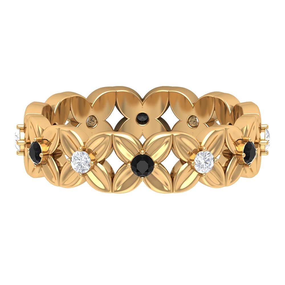 1/2 CT Black Spinel Diamond Band Ring - 14K Solid Gold Floral Engraved August Birthstone Ring for Women | Anniversary Gift, Birthday Jewelry, Wedding Band Alternative