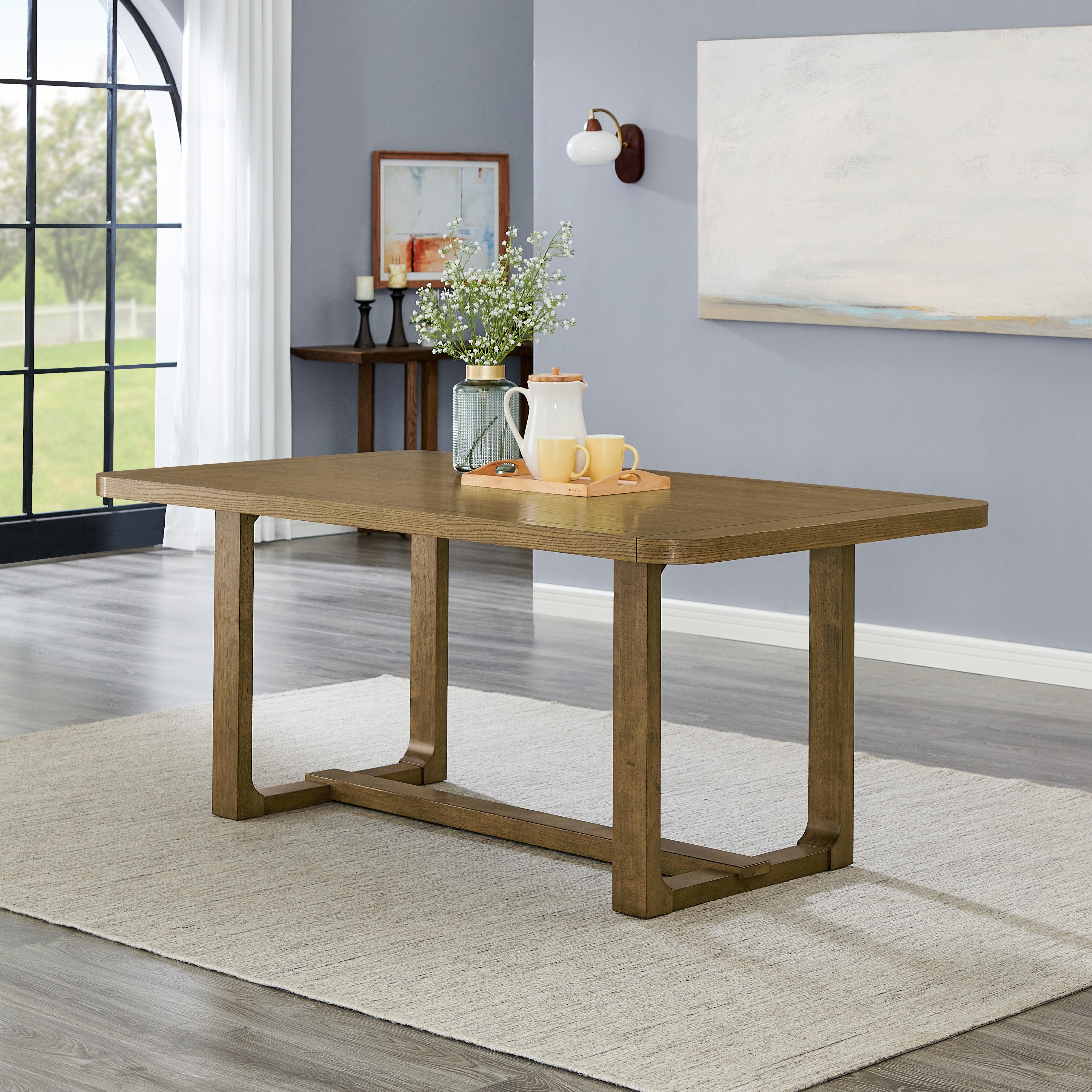 Roundhill Furniture Parker 7-Piece Dining Set - Light Oak Trestle Table with 6 Upholstered Chairs | Perfect for Family Dinners, Entertaining Guests & Kitchen Dining Rooms