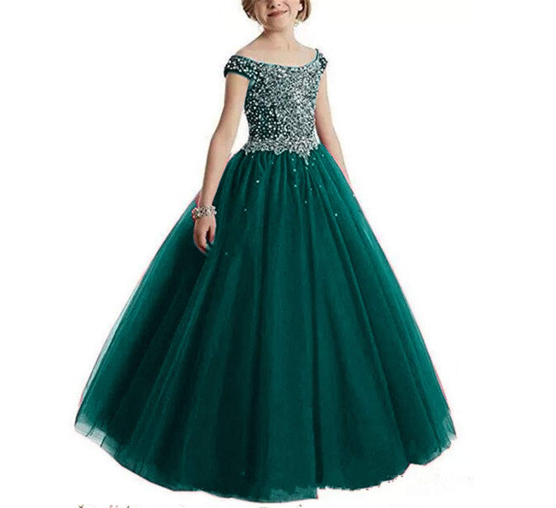 VeraQueen Girls Off Shoulder Beaded Pageant Dress - Cap Sleeve Ruffled Princess Ball Gown for Beauty Pageants, Prom, Quinceañera & Special Occasions