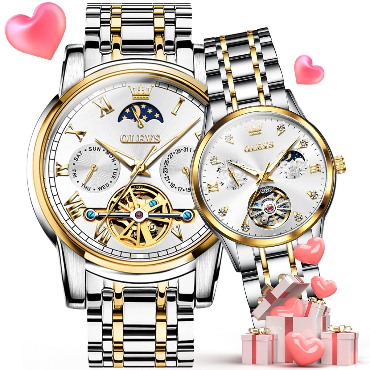 OLEVS Automatic Self-Winding Couple Watches Set - Luxury Matching Dress Watches for Men & Women - Perfect Anniversary & Wedding Gifts for Him and Her - Ideal for Date Nights, Formal Events & Romantic Occasions