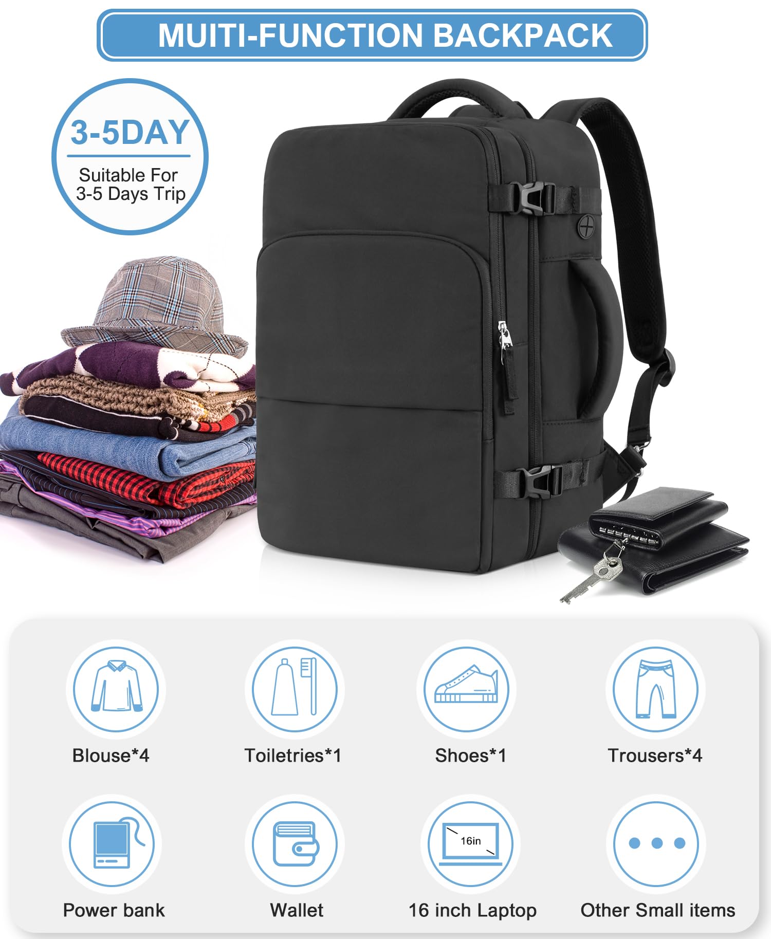 Beraliy 17.3 Inch Travel Backpack for Men & Women - Airline Approved Carry On Laptop Backpack, Durable Water Resistant Hiking College Work Gym Weekender Bag - Perfect for Business Trips, Commuting & Outdoor Adventures (Black)