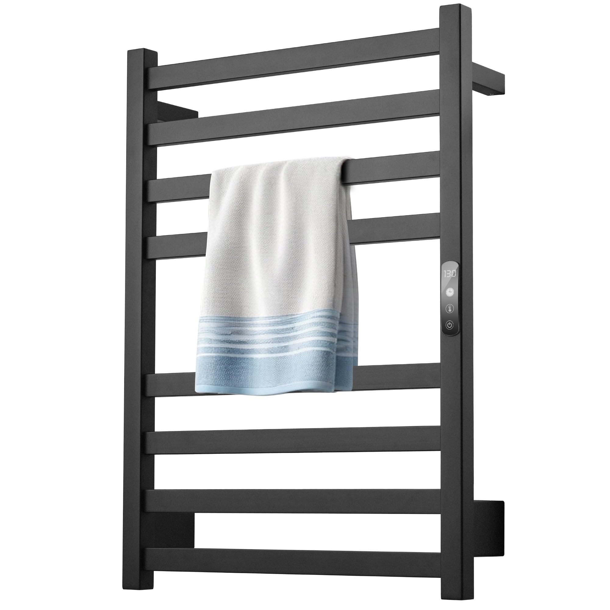 Premium Matte Black Heated Towel Rack - Wall Mounted Electric Towel Warmer & Dryer with Adjustable Temperature Control & 24H Timer - Perfect for Bathrooms, Spas, and Luxury Home Decor (Plug-in/Hardwired Options)