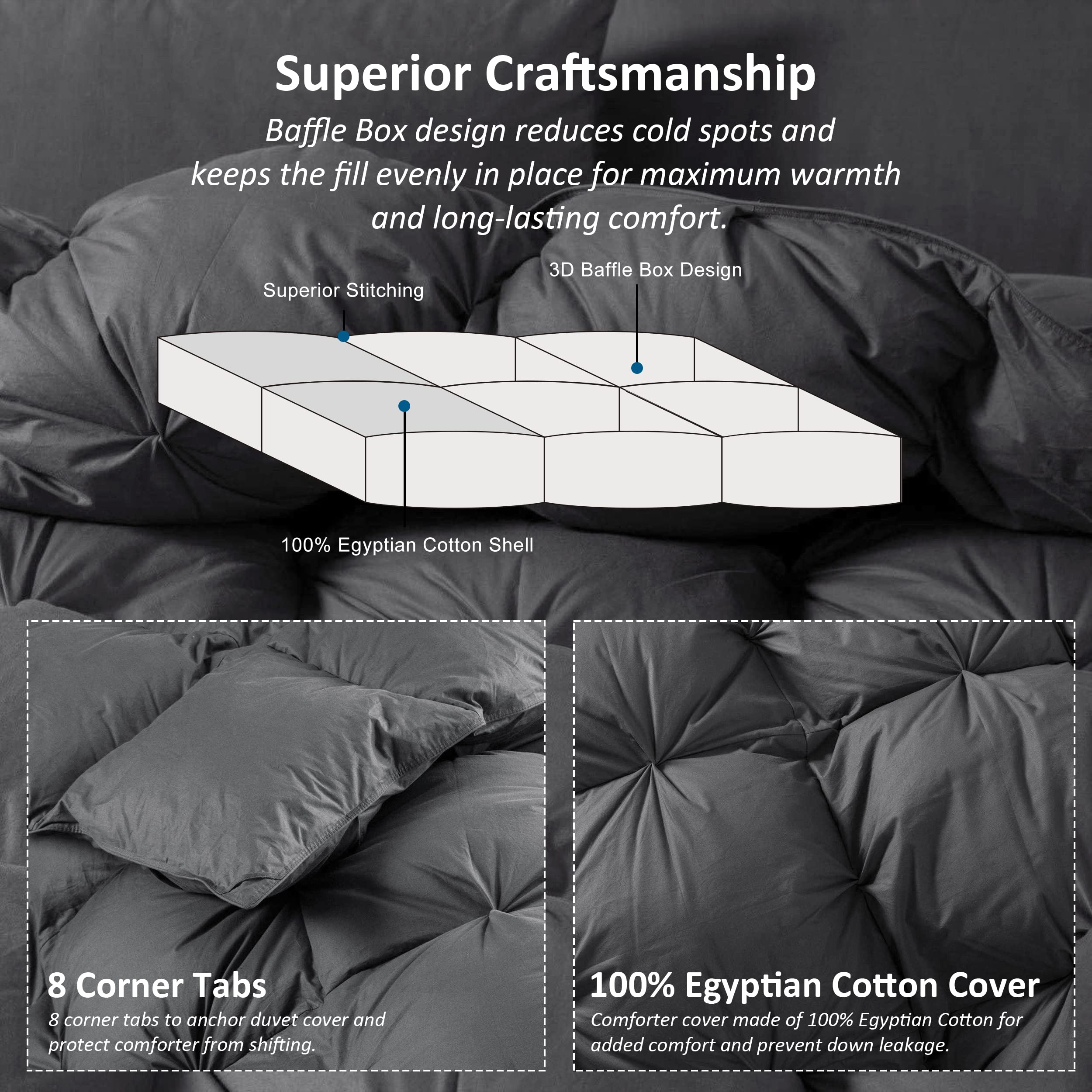 Premium 100% Egyptian Cotton Goose Down Comforter - Heavyweight 95 oz Fill, Baffle Box Design, Luxurious Pinch Pleat in Elegant Gray - Oversized King 120