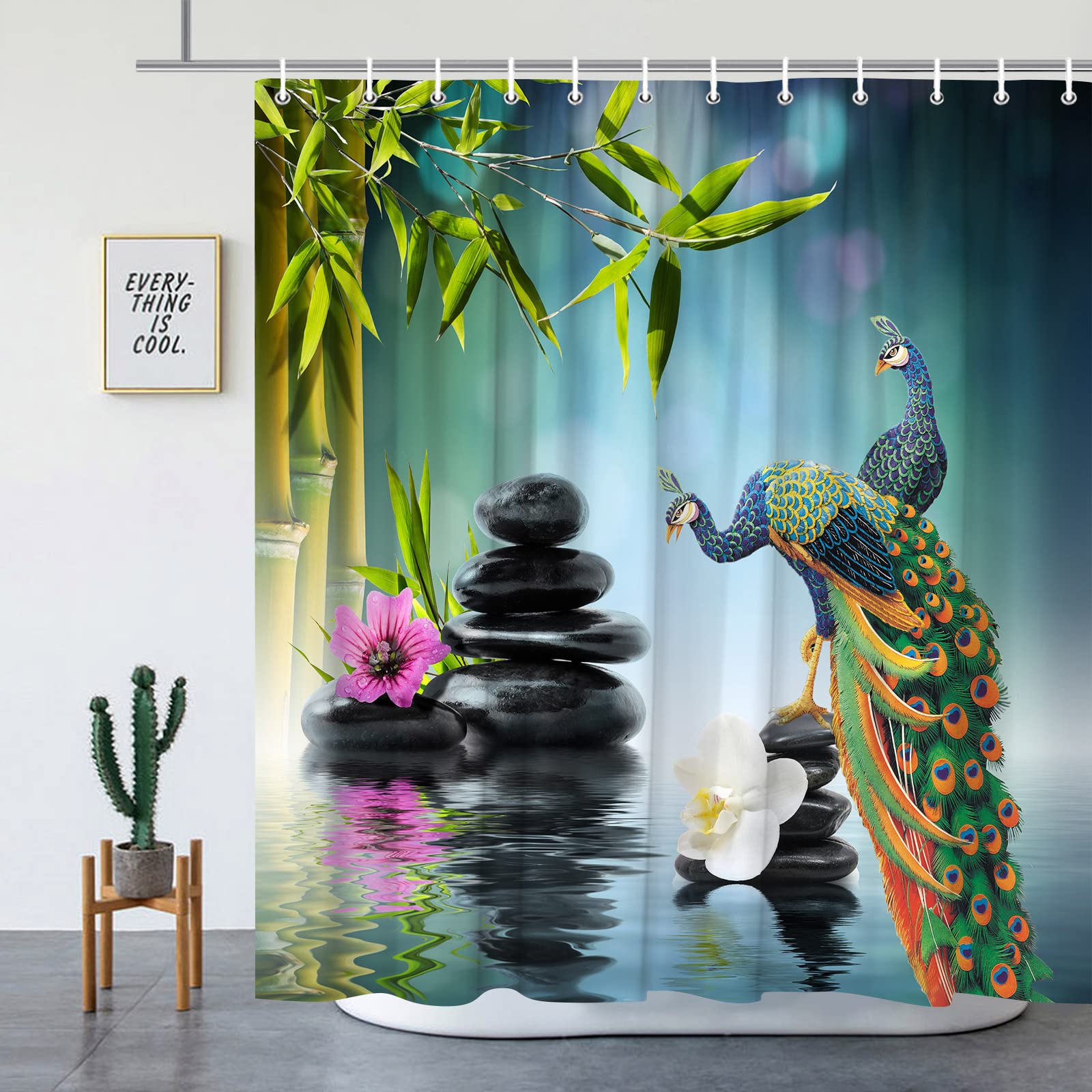 Zen Garden Shower Curtain - Peacock Green Bamboo Leaf with Purple & White Flowers - Black Stone Water Landscape Spa Theme - 60 x 70 Inch Bathroom Decor Set with Hooks | Perfect for Relaxing Spa Bathrooms, Meditation Spaces & Asian-Inspired Home Decor