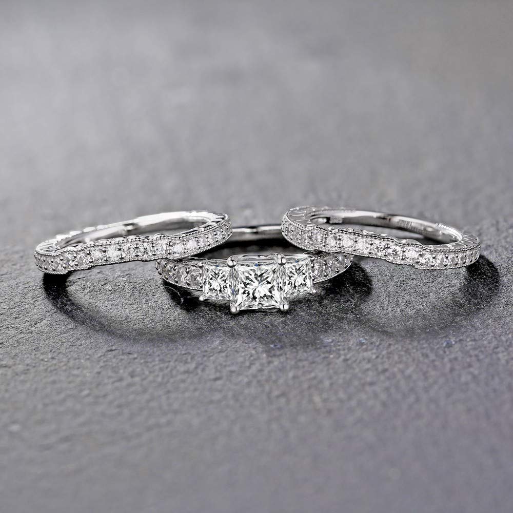 2.8 Ctw Moissanite Princess Cut Wedding Ring Set for Women - Platinum Plated Silver 3-Piece Bridal Set with 3 Stones - Engagement & Anniversary Promise Rings - Perfect for Proposals, Weddings, and Special Occasions