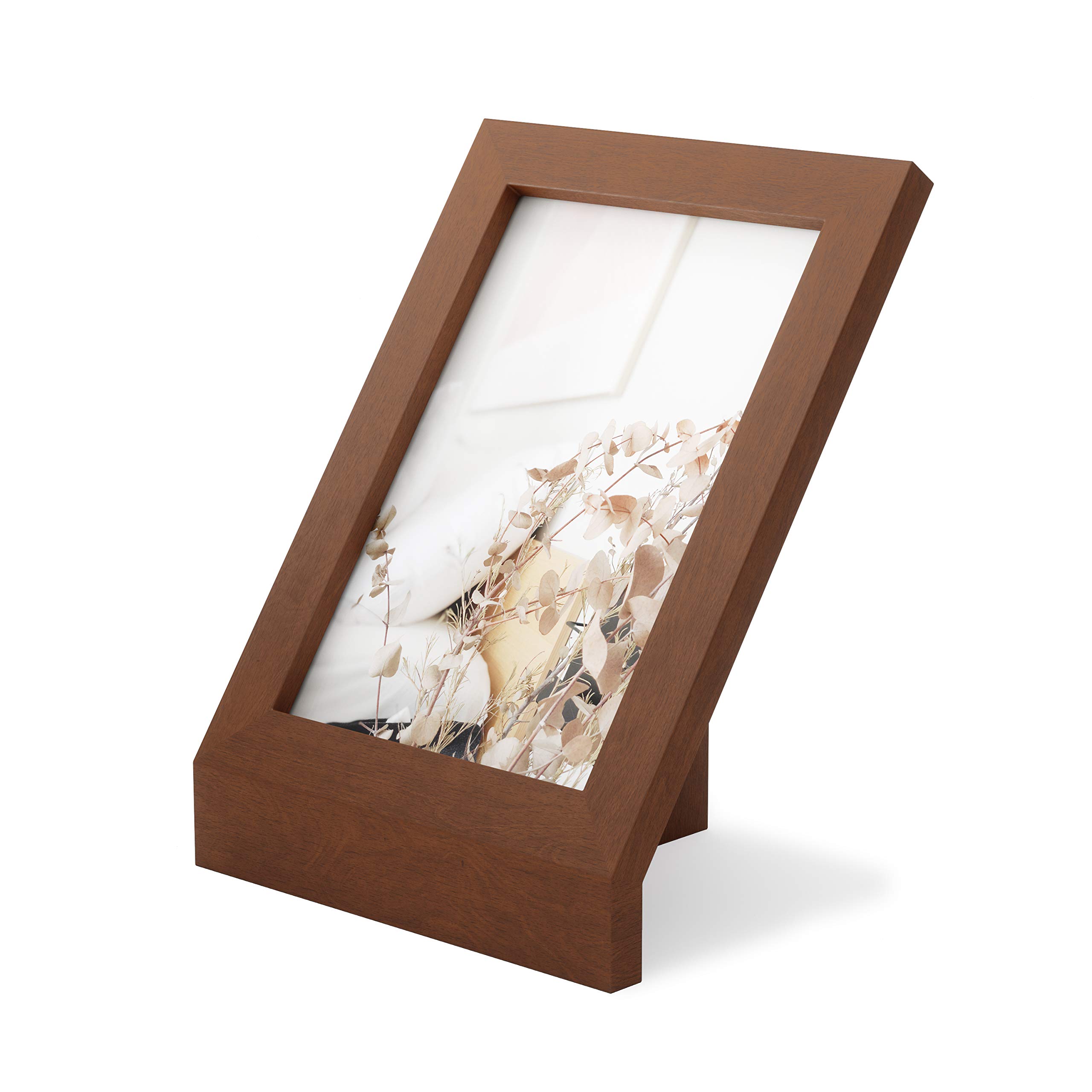 Umbra Podium Picture Frame 5x7 Inches - Modern Walnut Wood Photo Display for Home & Office Decor - Perfect for Desks, Shelves, and Gift Giving