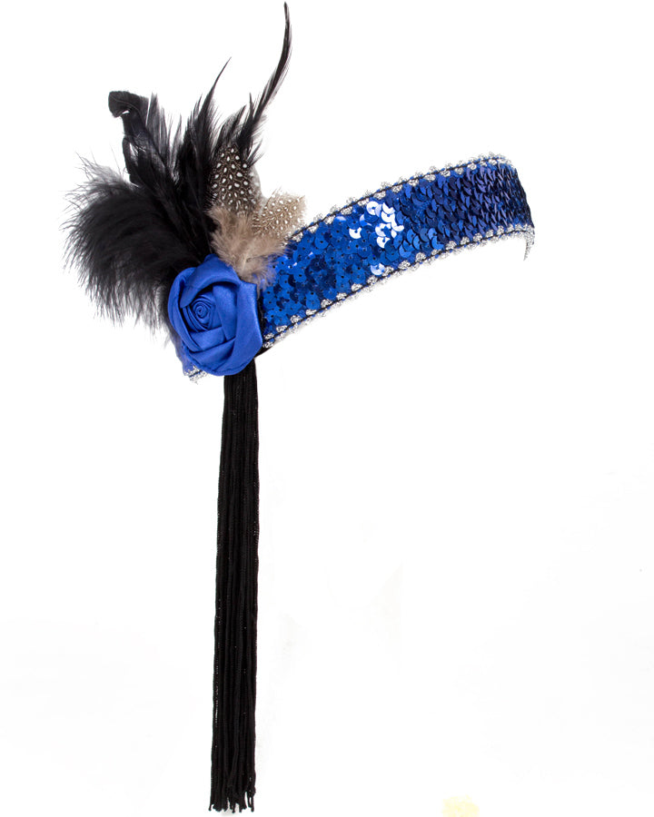 Vintage 1920s Blue Flapper Headband with Black Tassels - Roaring 20s Gatsby Party Hair Accessory for Women, Costume Parties & Themed Events