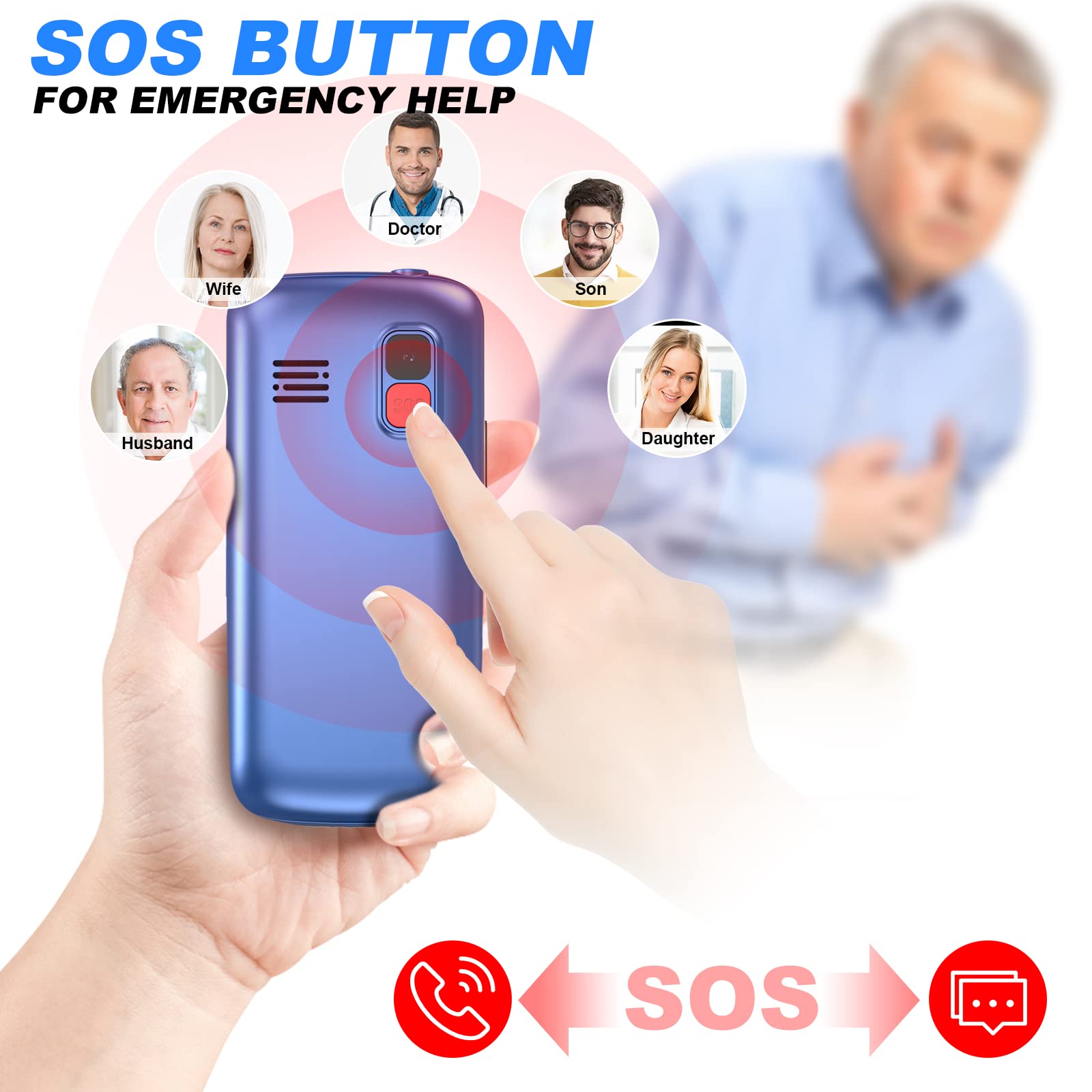 CHAKEYAKE Easy-to-Use Big Button Senior Cell Phone - Unlocked Dual SIM Basic Mobile Phone for Elderly with SOS Emergency Button, Charging Dock & Hearing Aid Compatibility (Blue) | Perfect for Emergency Calls, Daily Communication & Hearing Impaired Users