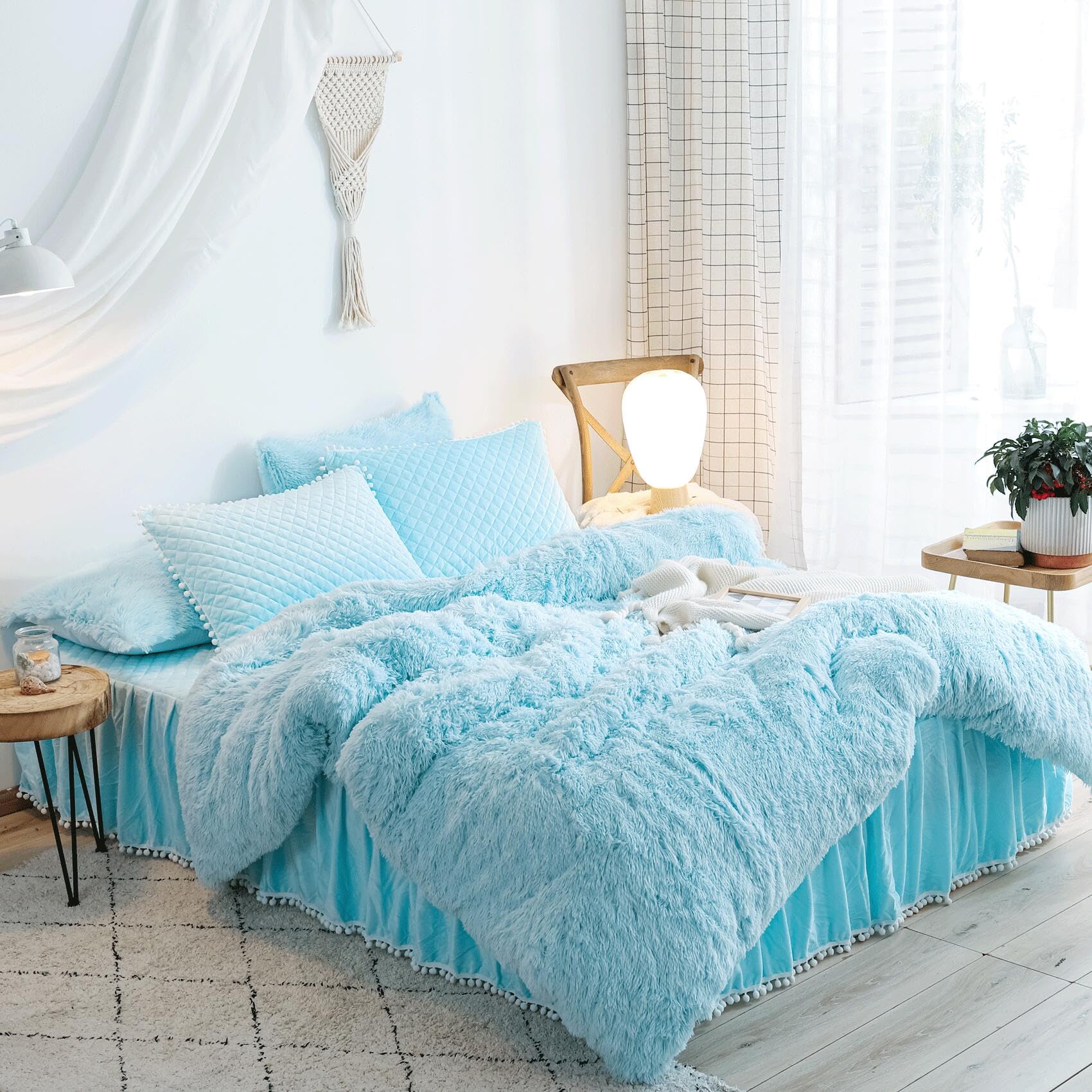 Soft Fluffy Blue Comforter Cover Queen Size - Plush Light Blue Bedding Set 3pc (1 Fuzzy Duvet Cover + 2 Faux Fur Pillowcases) Shaggy Blue Bed Set for Cozy Winter Nights - Perfect for Master Bedroom & Guest Room Decor (Blue, Queen)