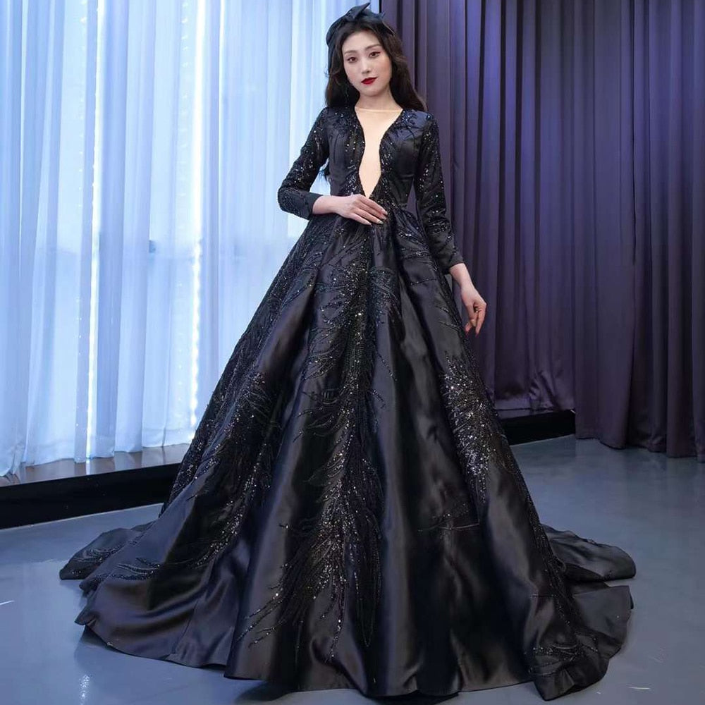 Serene Hill Muslim Black Luxury Lace Beaded Long Sleeves Wedding Dress - Custom Made Ball Gown for Brides 2025 HM67500 | Perfect for Islamic Weddings, Formal Events & Evening Galas