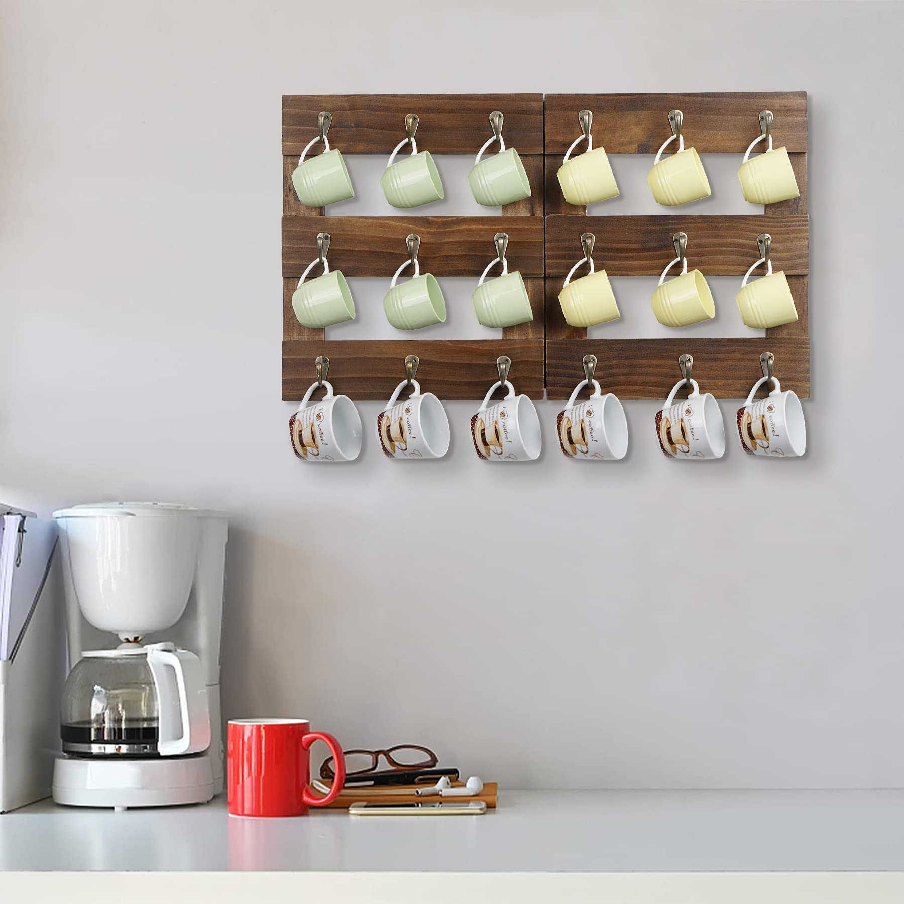 Foldable Wall Mounted Wood Coffee Mug Holder Stand with 18 Hooks - Dark Brown Cup Rack Organizer for Coffee Station, Kitchen Storage & Home Decor - Perfect for Small Spaces, Dorm Rooms & Office Organization
