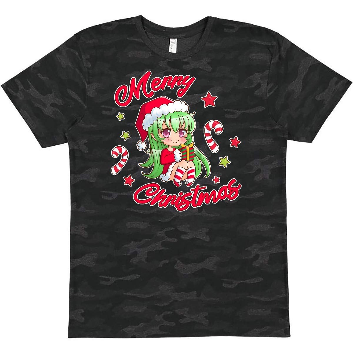 Inktastic Merry Christmas Chibi Elf with Candy Canes and Stars Graphic T-Shirt | Cute Holiday Gift for Women & Teens | Perfect for Christmas Parties & Family Gatherings