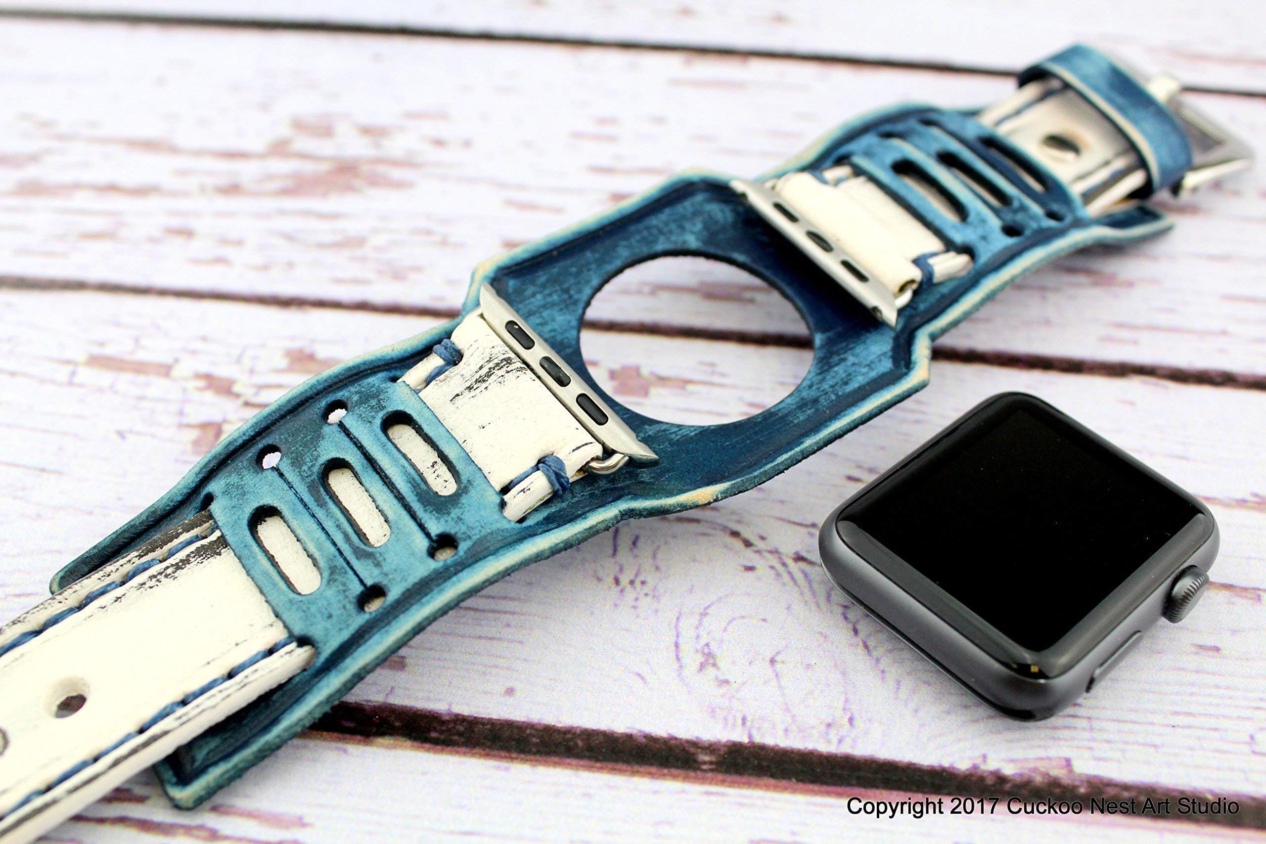 Vintage Distressed Blue and White Leather Apple Watch Band - Adjustable Cuff Strap Compatible with Series 1-10 & Ultra 1-2 | Perfect for Casual Wear, Office Style & Everyday Use