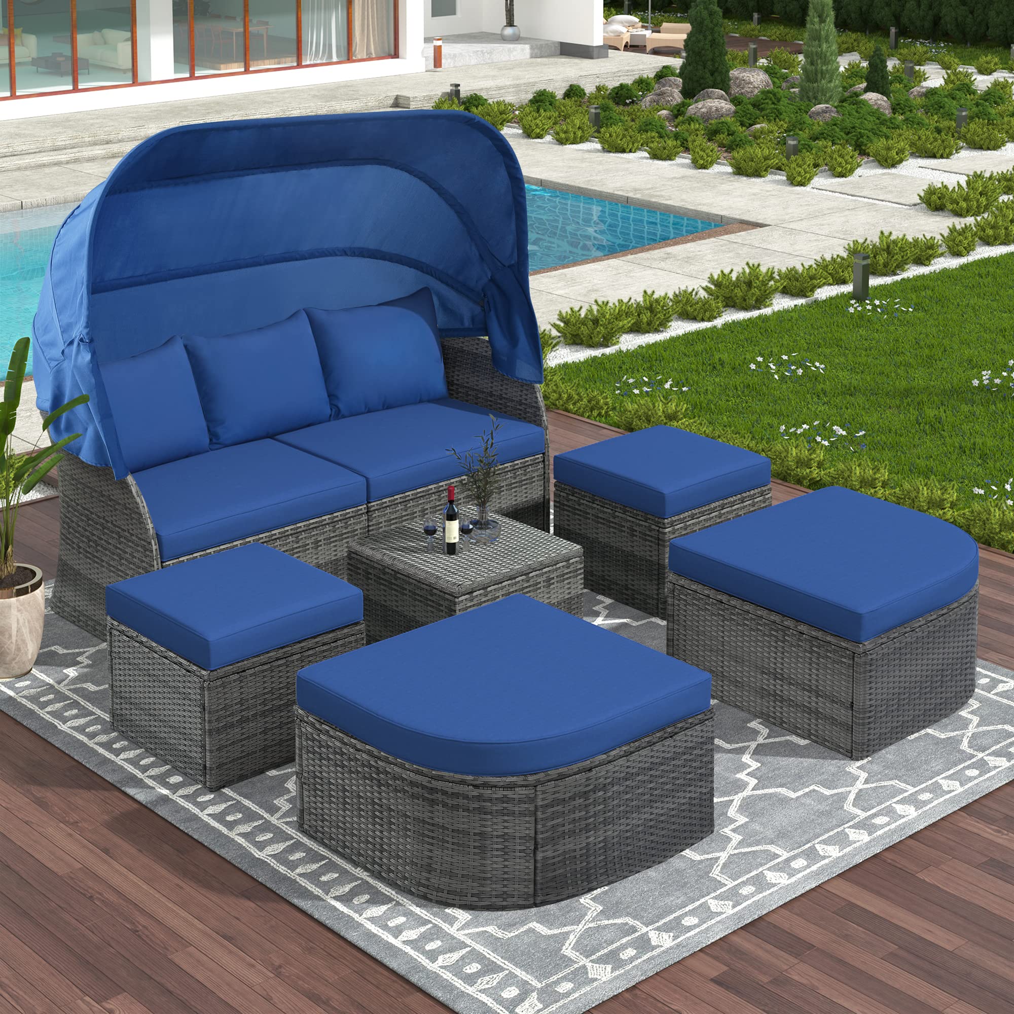 GLORHOME Outdoor Rattan Daybed with Retractable Canopy - Rectangle Sunbed Furniture, Convertible Sectional Sofa Set with Washable Cushions in Blue - Perfect for Patio, Poolside, Garden, and Backyard Relaxation