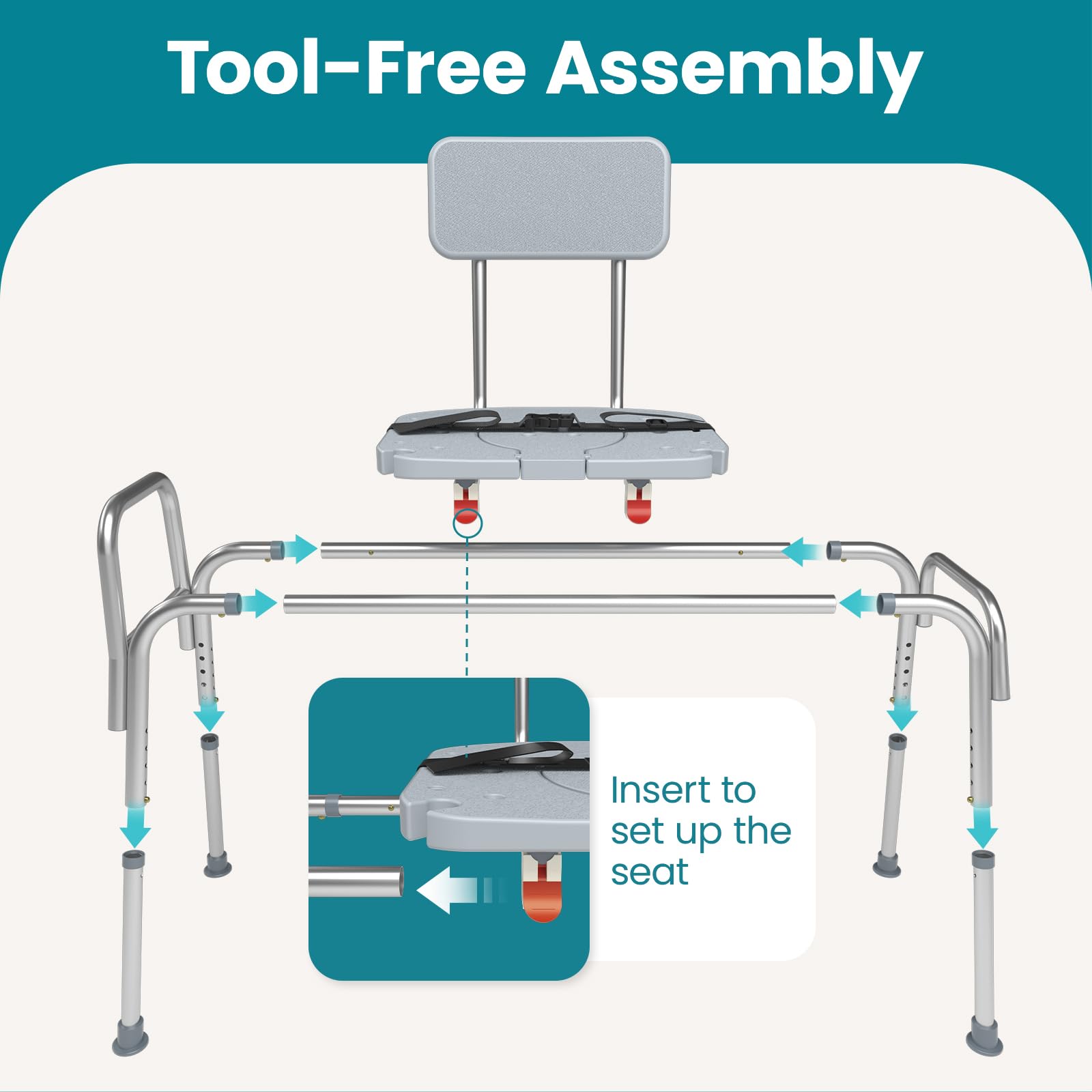 Adjustable Height Sliding Shower Chair with Non-Slip Aluminum Frame & Safety Belt - 400Lbs Capacity Shower Transfer Bench for Elderly & Handicap - Ideal for Bathroom Safety, Assisted Showering & Mobility Support
