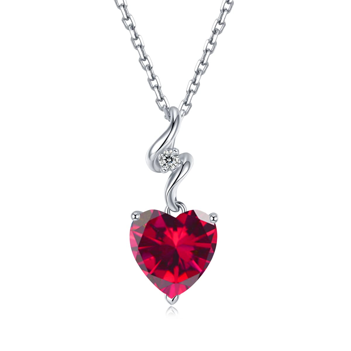 14K Solid White Gold Heart Pendant Necklace with 0.015ct Diamond & Created Ruby - July Birthstone Jewelry for Women, Dainty Solitaire Pendant on Sterling Silver Chain - Perfect Gift for Mom, Wife, Daughter | Anniversary, Birthday, Valentine's Day Present