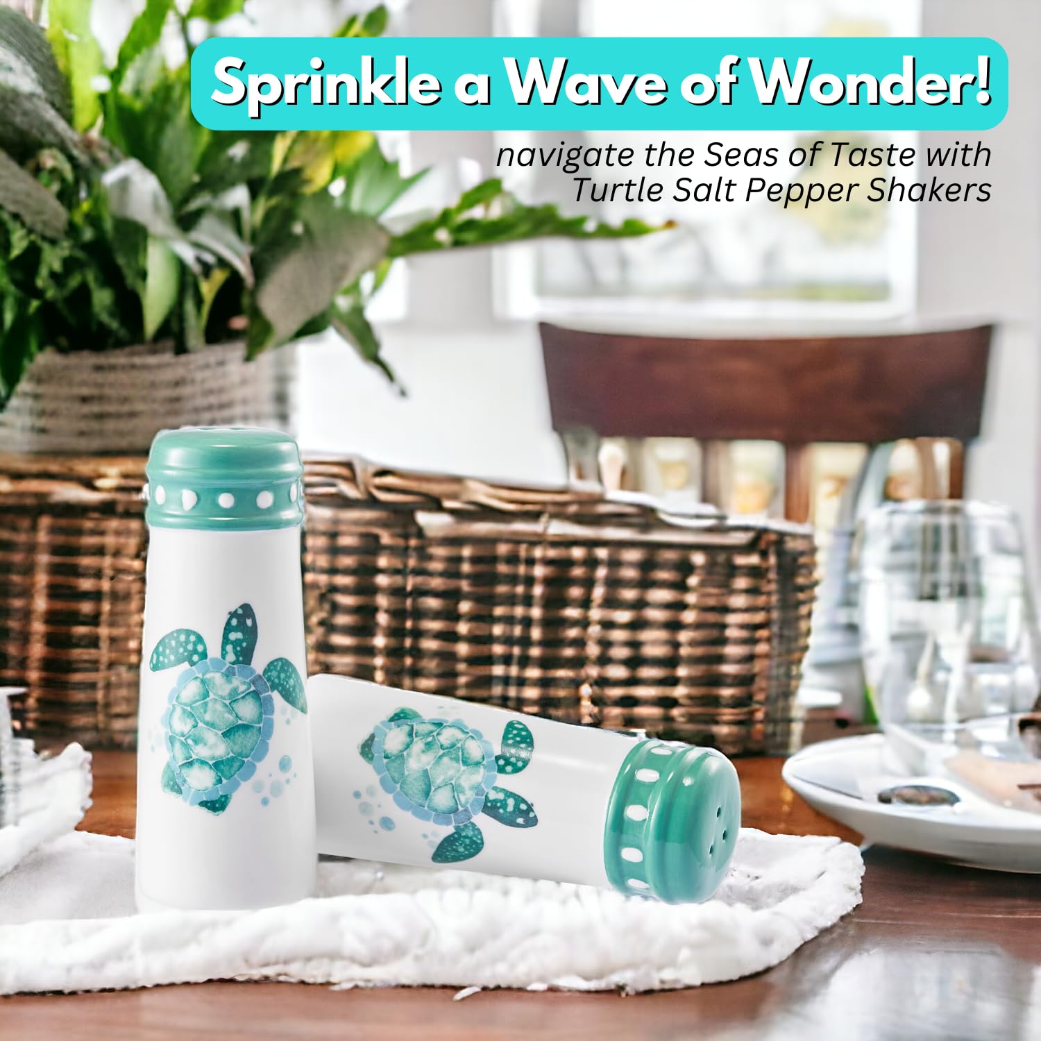 Turtle Salt and Pepper Shakers Set - Coastal Ocean Nautical Kitchen Decor in Teal & Turquoise, Large Hawaiian Beach-Themed Shakers, Cute Sea Turtle Design for Labor Day Gifts | Perfect for Beach House, Coastal Kitchen, and Tropical-Themed Dining Decor