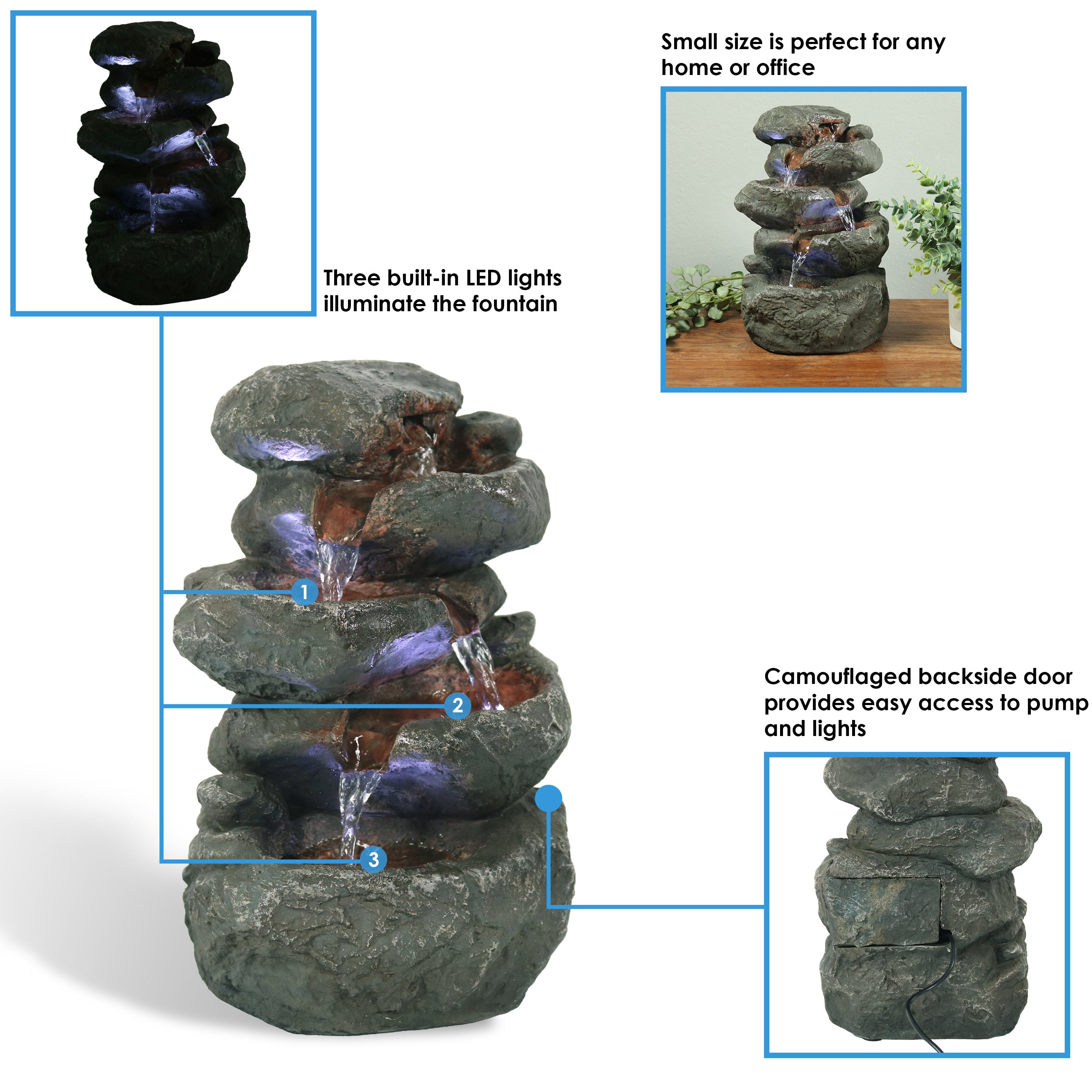 Sunnydaze Stacked Rock Waterfall Fountain with LED Lights - Outdoor Garden Decor for Patio, Yard & Landscape | Relaxing Water Feature with Soothing Sounds