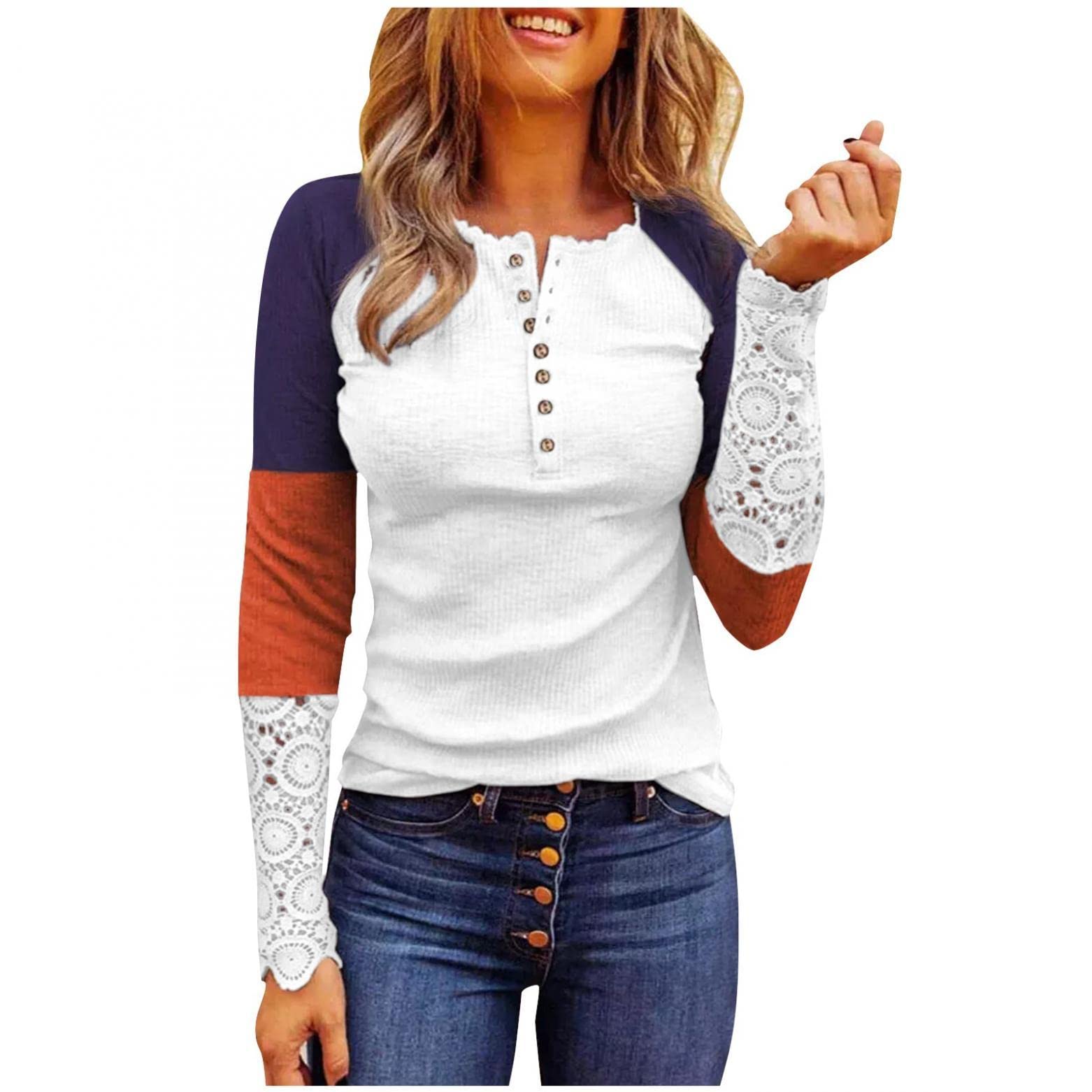 Women's Rib Knit Crewneck Long Sleeve T-Shirt with Button Lace Trim & Patchwork Print - Fall Casual Henley Top for Autumn Layering and Everyday Wear