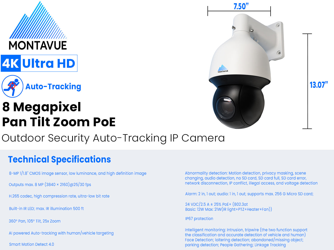 MTZ8250 X 8MP 4K Auto Tracking PTZ Camera with 25x Optical Zoom & 492ft IR Night Vision - Professional Video Surveillance for Church Live Streaming, School Security, and Conference Room Monitoring