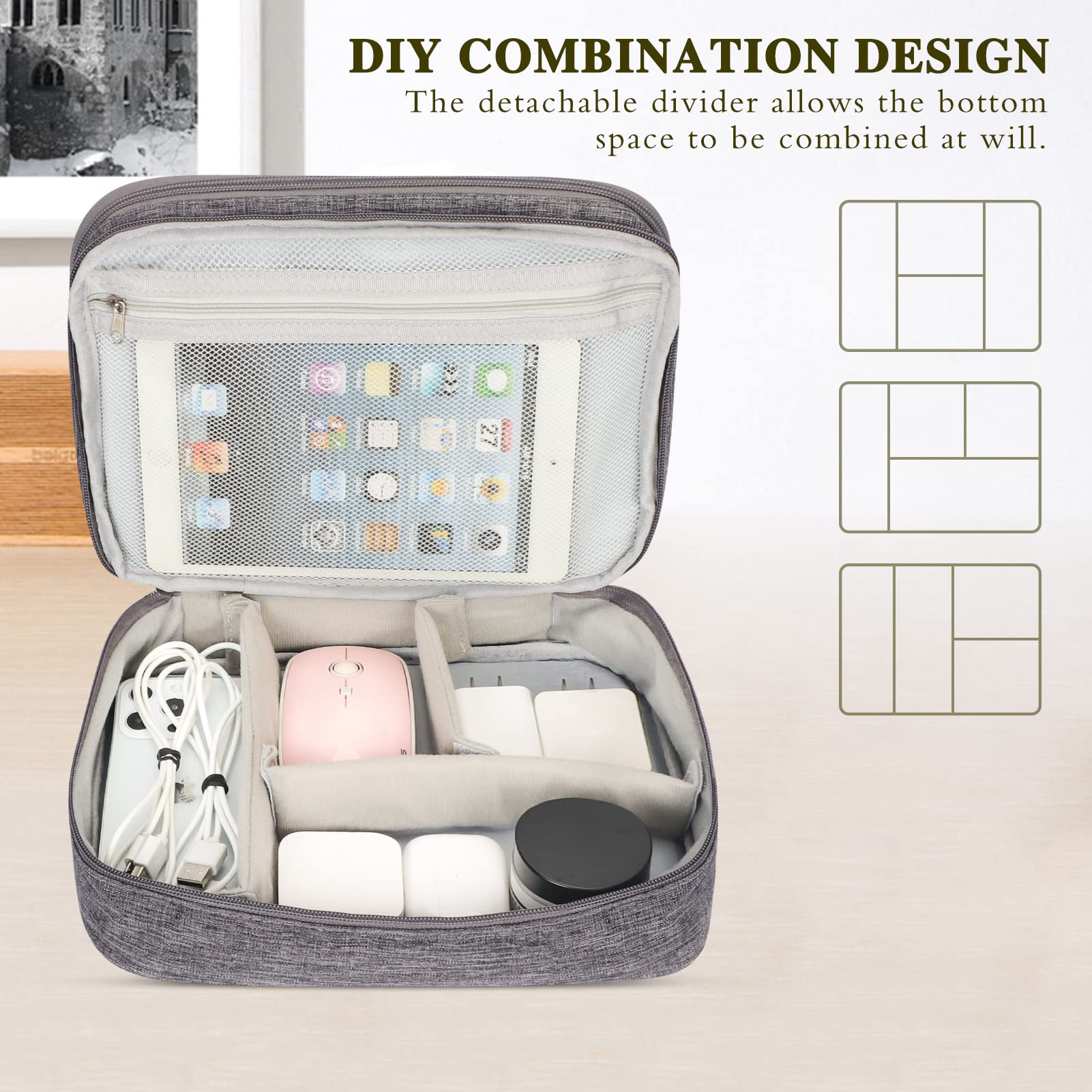 FYY Waterproof Electronic Organizer Travel Case - Double Layer Cable Organizer Bag for Chargers, Cords & Tech Accessories | Perfect for Travel, Office & Home Organization (Grey)