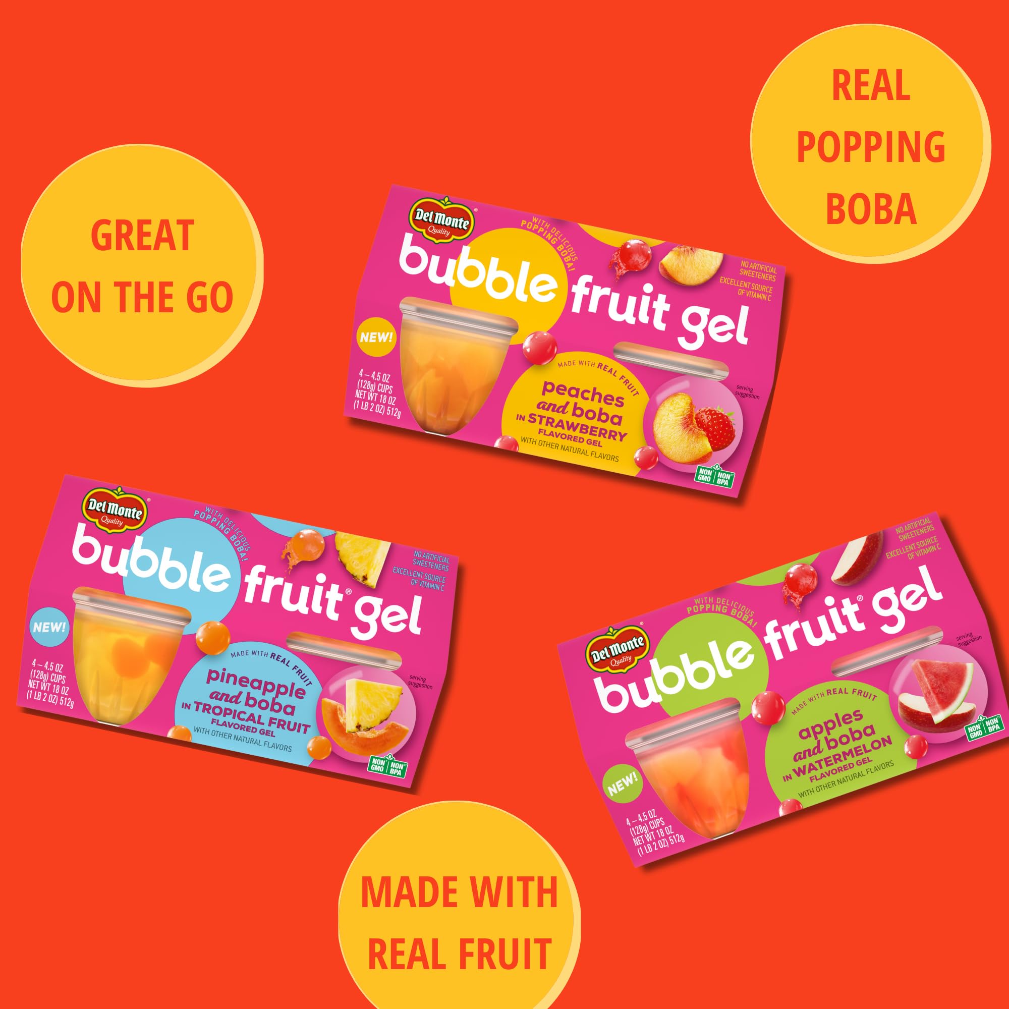Del Monte Bubble Fruit Gel with Pineapple & Boba in Tropical Fruit Flavors, 4.5oz (24 Count) | Real Fruit Juice & Popping Boba Pearls | Healthy Lunch Snacks, School Lunch, Office Snacks, Party Treats & Fruit Cups for Kids & Adults