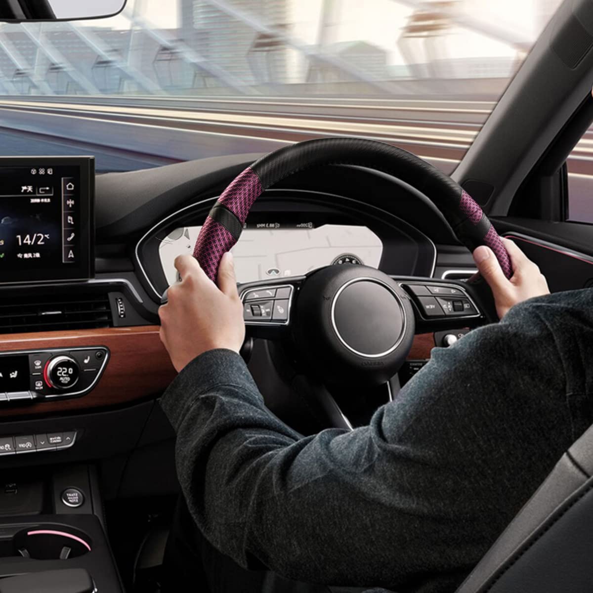 BOKIN Carbon Fiber Steering Wheel Cover - Universal 14.5-15 Inch, Microfiber Leather Car Accessory, Breathable Ice Silk Wheel Protector for Summer Cooling & Winter Warmth - Carbon Fiber Purple - Perfect for Daily Commuting & Road Trips
