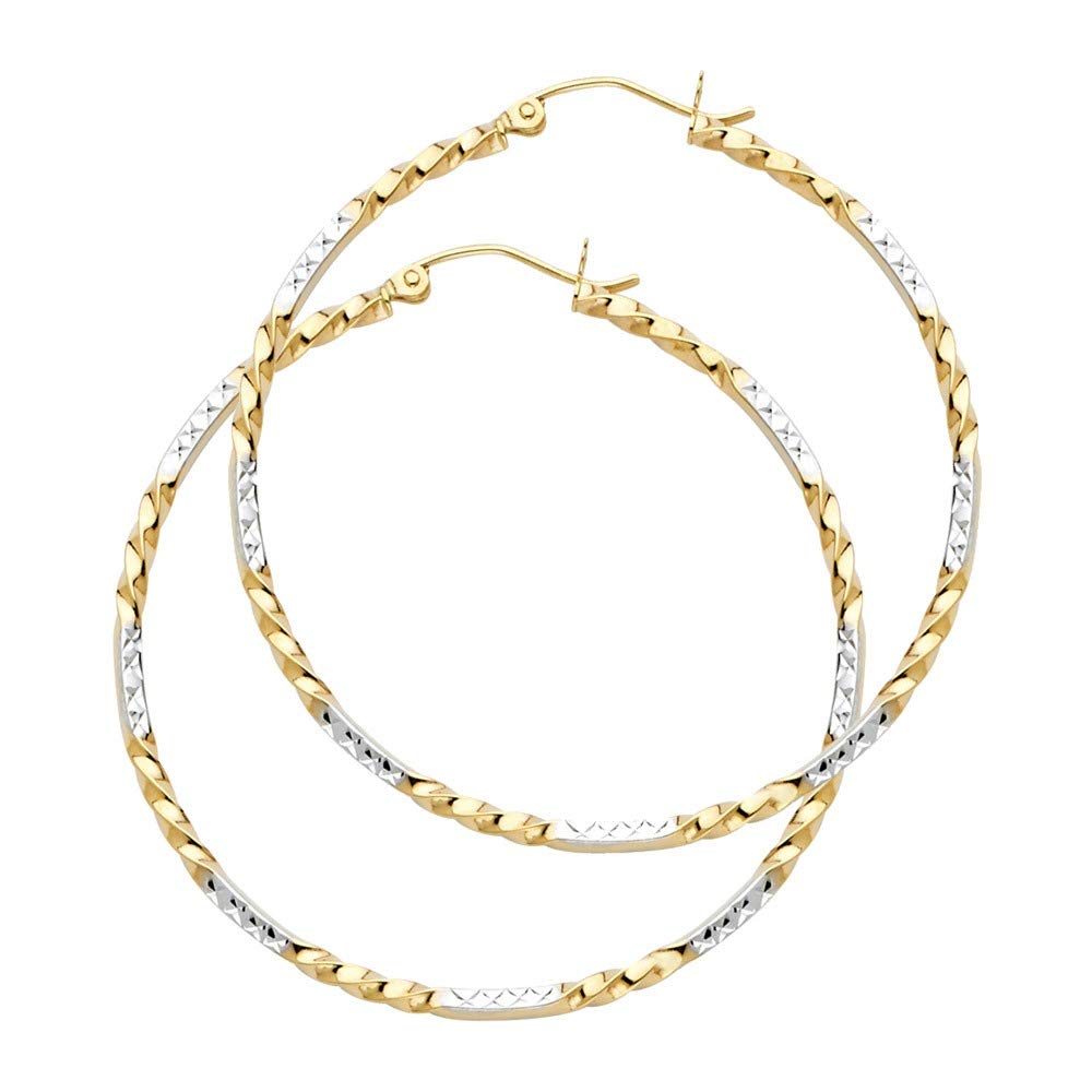 14K Yellow Gold and White Gold Curled Hoop Earrings 35x35mm - Elegant Dangle Jewelry for Women | Perfect Gift for Birthday, Anniversary & Special Occasions | Wedding, Party & Everyday Wear