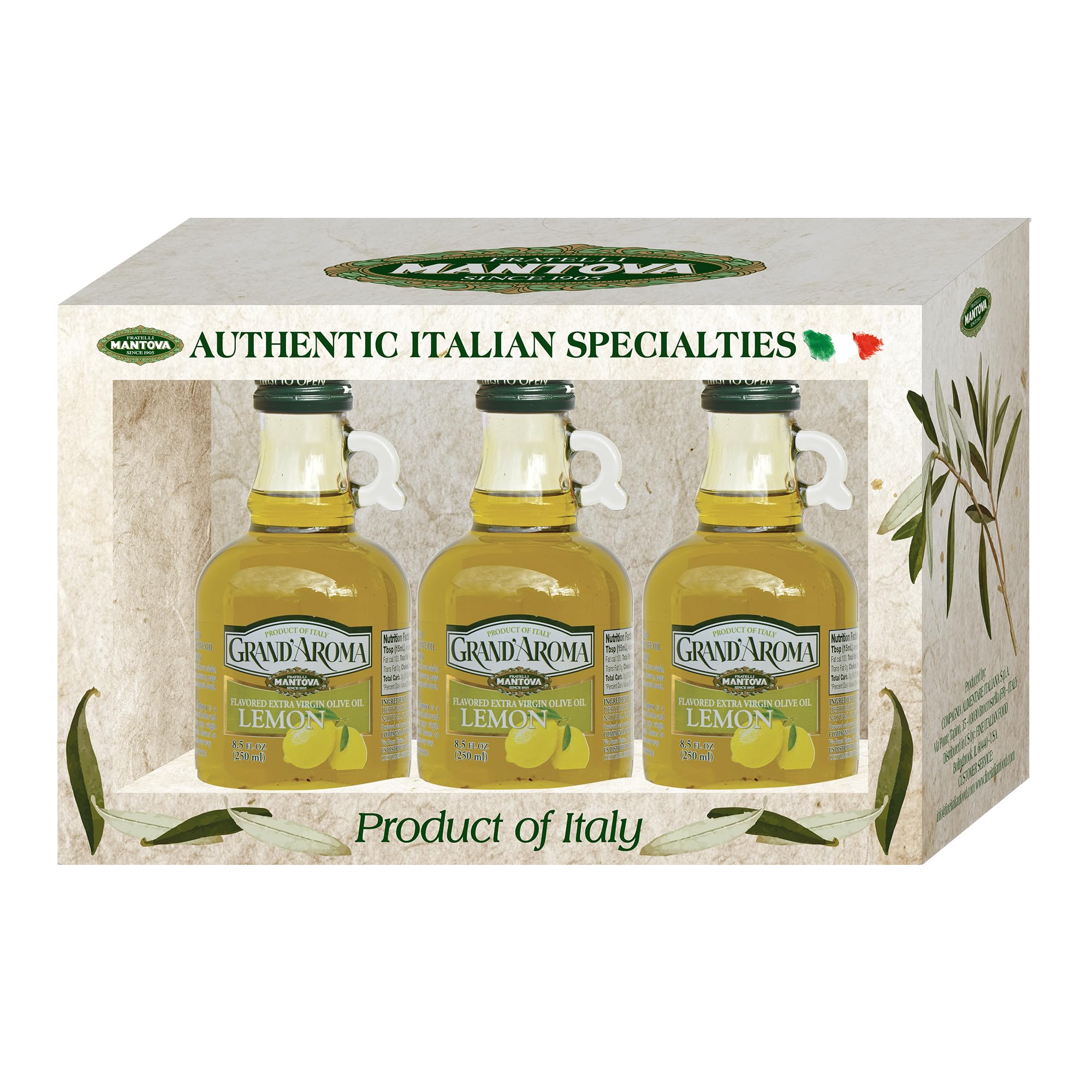 Premium Italian Extra Virgin Olive Oil - Mantova Grand’Aroma Cold-Pressed Lemon Flavored, 100% Natural, Heart-Healthy Cooking Oil for Salad Dressing, Pasta, Garlic Bread, Meats & Pan Frying - 8.5 oz (Pack of 3) - Perfect for Mediterranean Cuisine & Gourmet Cooking