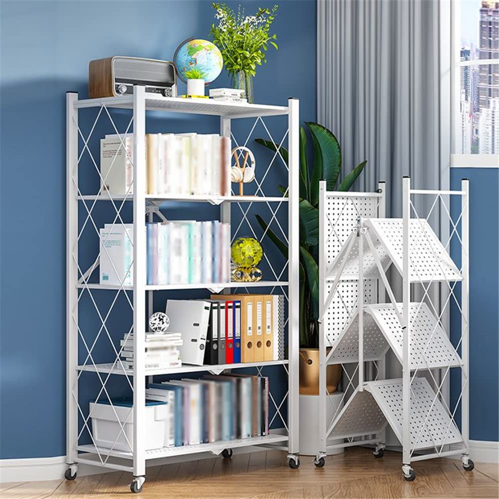 5-Tier Heavy Duty Metal Storage Shelf with Wheels - Foldable Freestanding Shelving Unit for Kitchen, Pantry, Closet & Garage (28