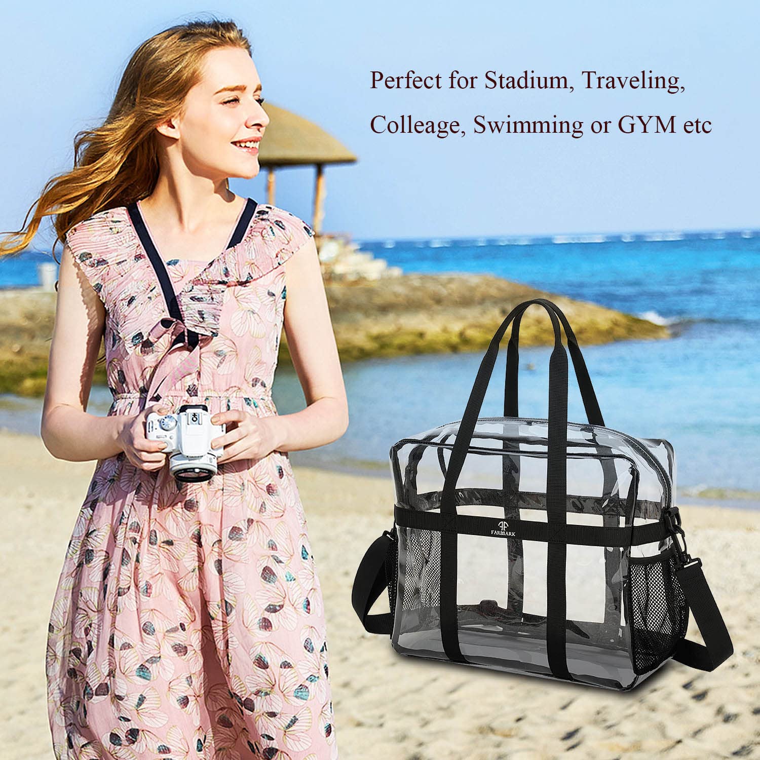 Clear Tote Bag - See Through Transparent Stadium Approved Crossbody Purse - Heavy Duty PVC Shopping Bag for Women - Perfect for Concerts, Work, School, Travel & Beach - Black One Size