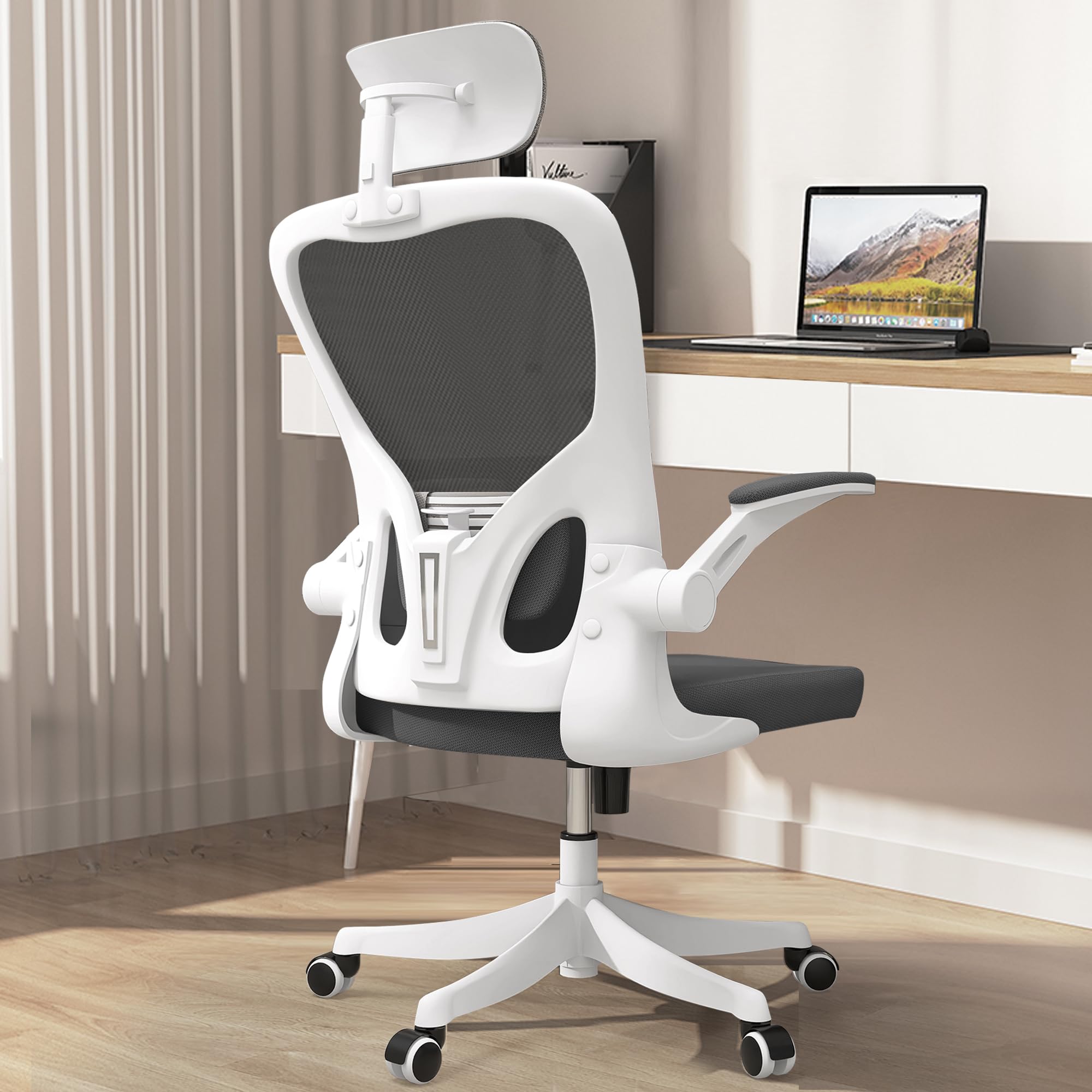 Monhey Ergonomic Office Chair with Lumbar Support, 3D Adjustable Headrest & Flip-Up Arms - High Back Mesh Computer Desk Chair with White Frame & Black Mesh - Perfect for Home Office, Gaming, and Study Workspaces