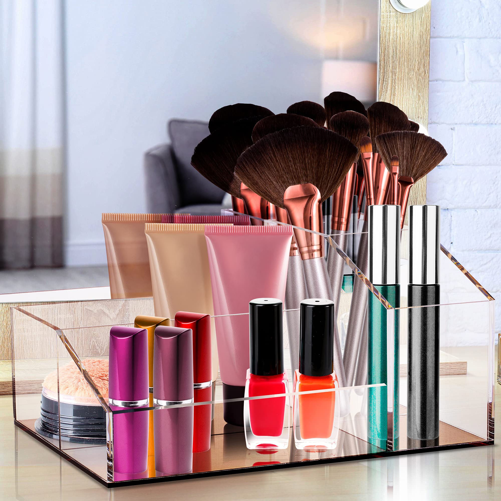Clear Acrylic Makeup Brush Holder with Rose Gold Base - 4 Compartment Cosmetic Organizer for Vanity, Bathroom & Office Desk - Perfect for Makeup Storage, Classroom Supplies & Home Organization Accessories