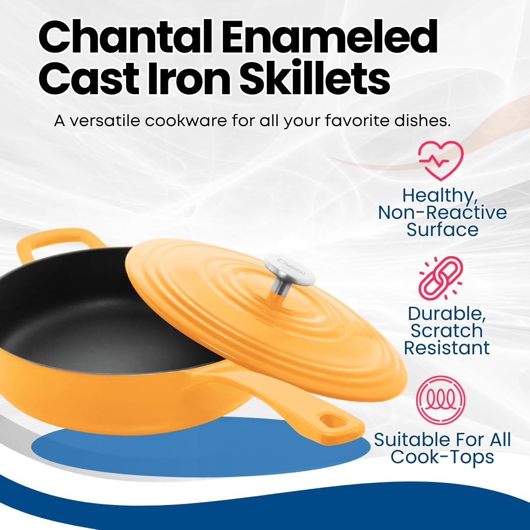 Premium Chantal Enameled Cast Iron 4-Quart Saute Skillet - Marigold Yellow | Durable Kitchen Cookware for Stovetop, Oven & Camping | Perfect for Searing, Braising & Serving Dishes