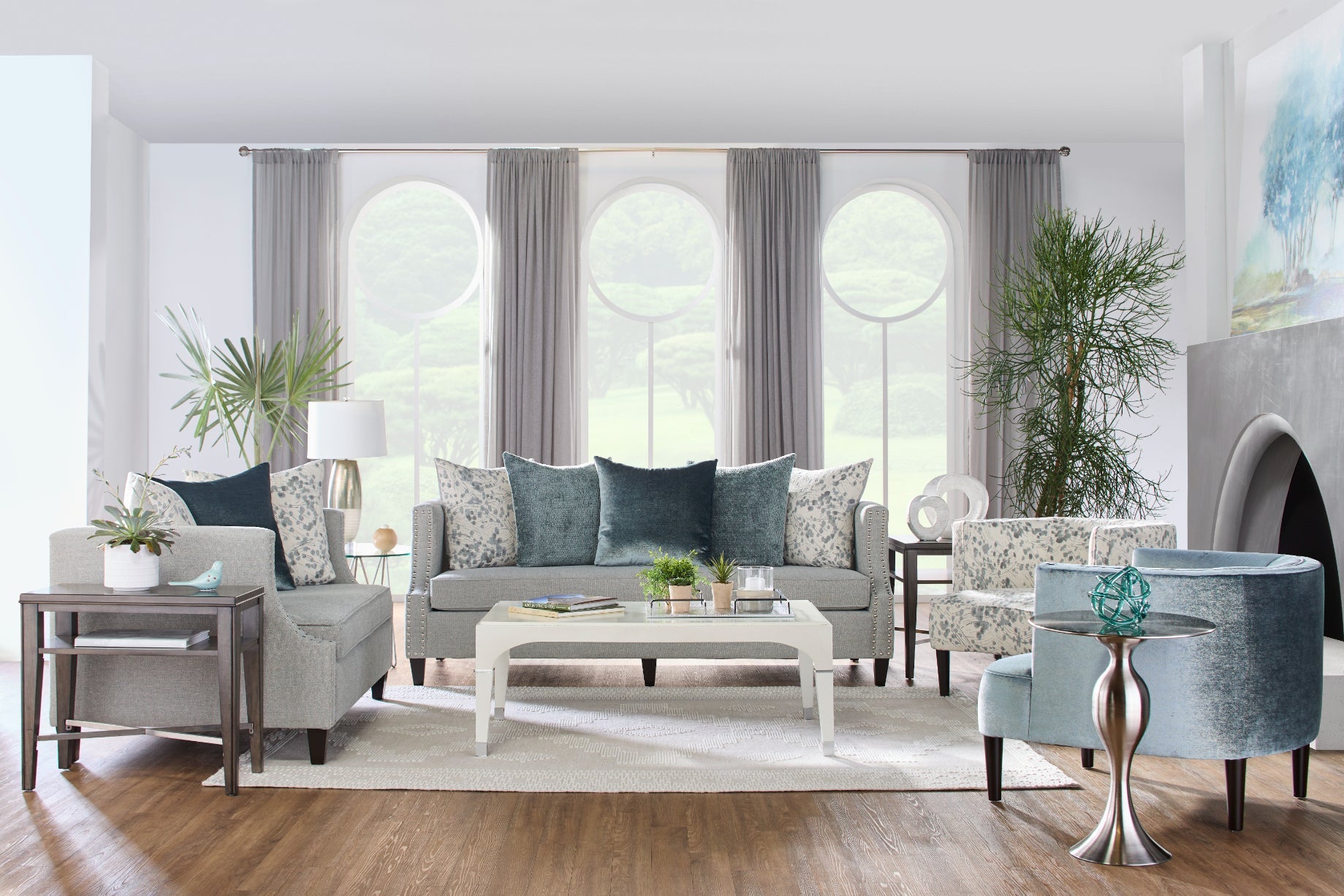Roundhill Furniture Nari Modern Pillow Back Fabric Sofa with Nailhead Trim - Living Room Couch in Moondance Mist - Perfect for Contemporary Home & Apartment Decor