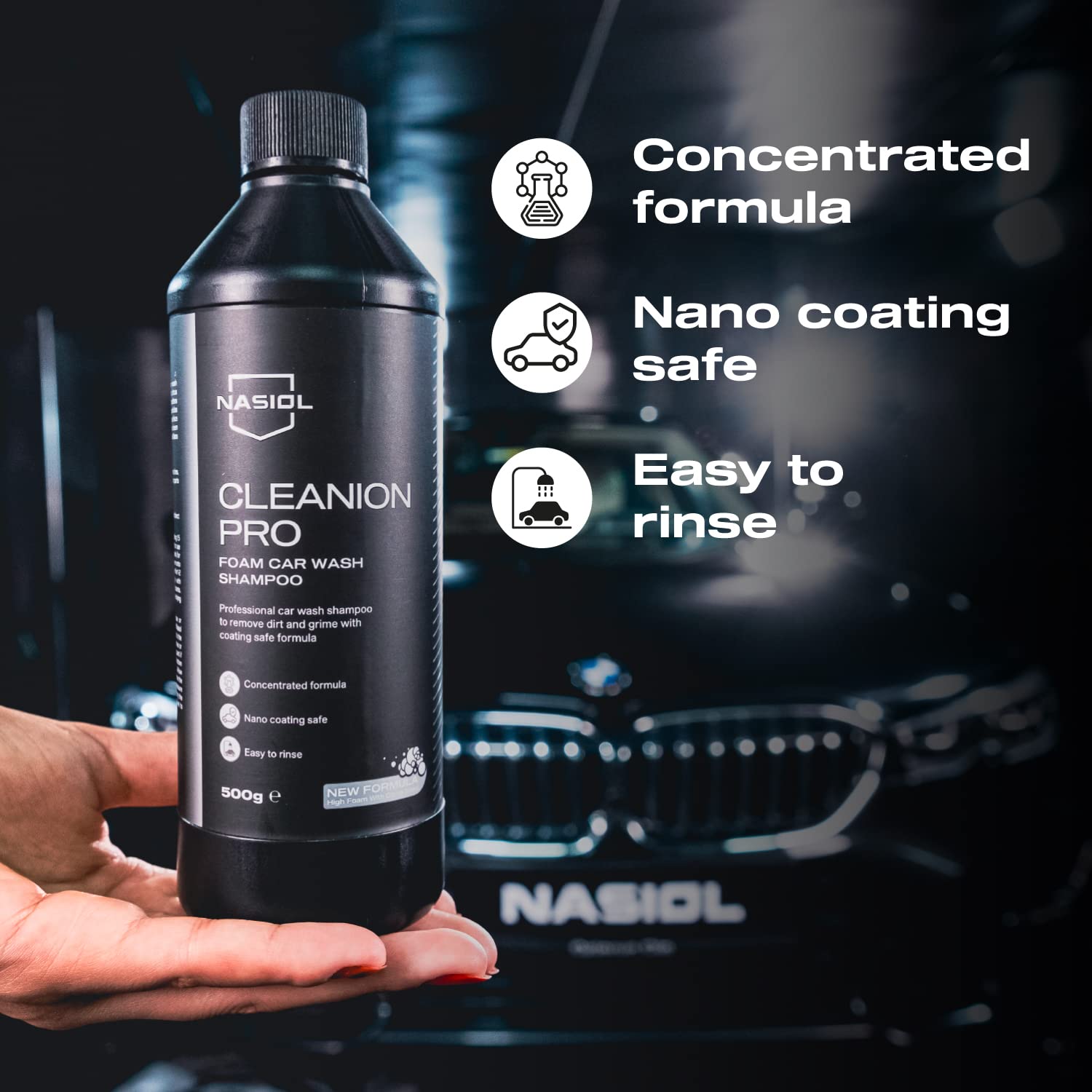 Nasiol Cleanion Pro New Formula Car Concentrated Shampoo - 17 Fl Oz (500ml) Citrus Scented - Brushless Vehicle Wash & Detailing Solution - Foamy Car Cleaning Shampoo for Auto Detailing, Paint Protection & Waterless Wash - Best for Home, Professional & Mobile Car Wash Businesses