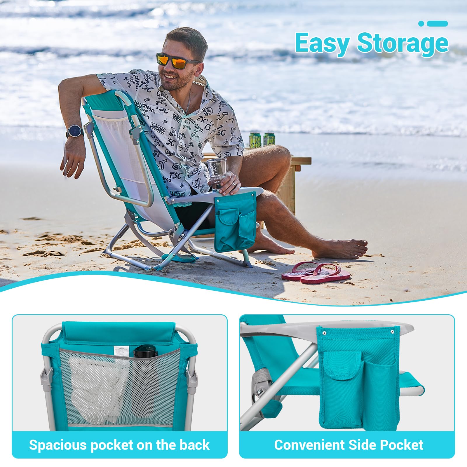 WEJOY Folding Beach Chair for Adults - 4 Position Adjustable Lightweight Aluminum Sand Chair with Shoulder Strap, Cup Holder & Padded Headrest - Supports 265lbs - Perfect for Beach, Camping, Backyard & Outdoor Relaxation